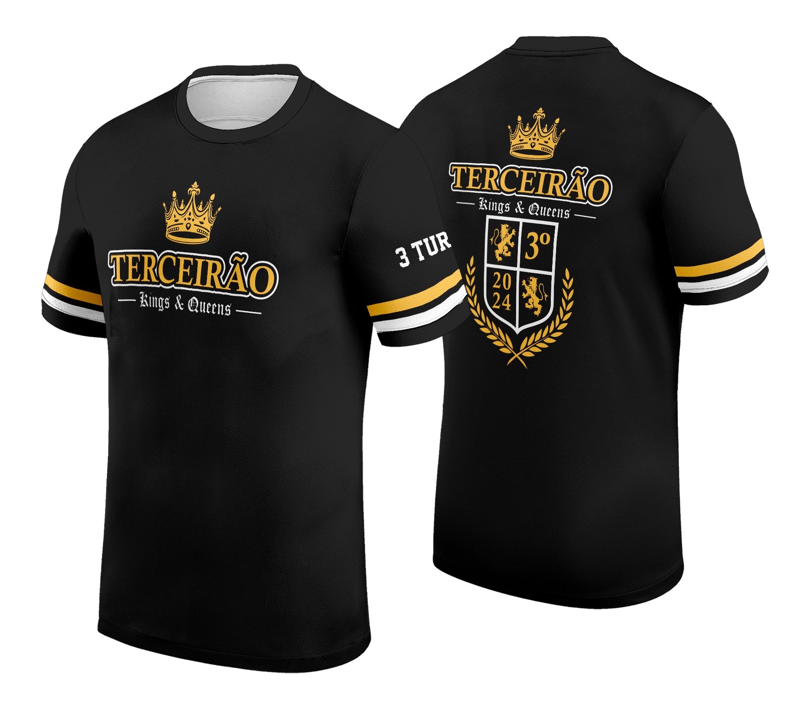 Camiseta unissex preta com logo no peito e estampa grande nas costas com tema Terceirão, ideal para turma finalista celebrando o último ano.