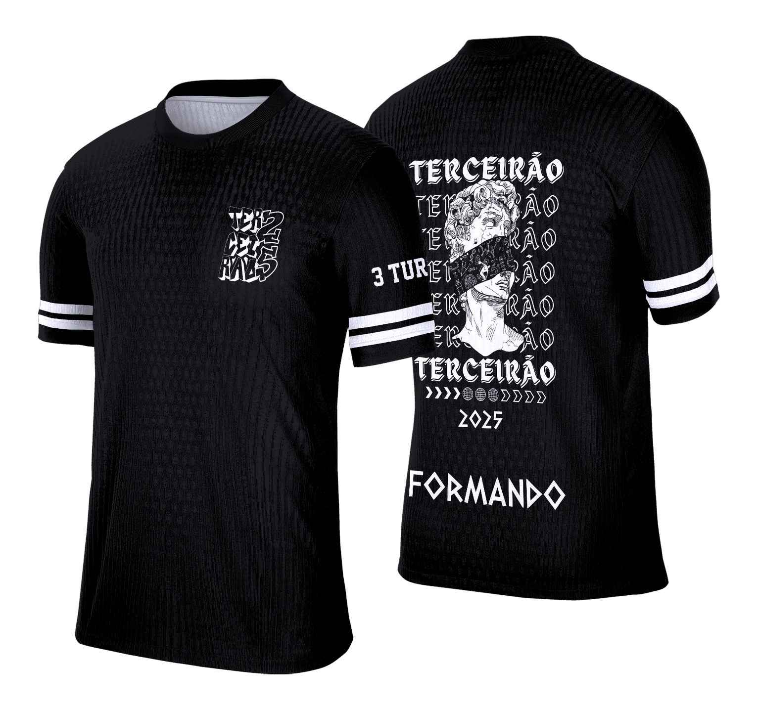 Imagem da camisa com logo no peito e estampa grande nas costas, destacando a arte da estátua perfeita para a turma do Terceirão, combinando tradição e modernidade no visual