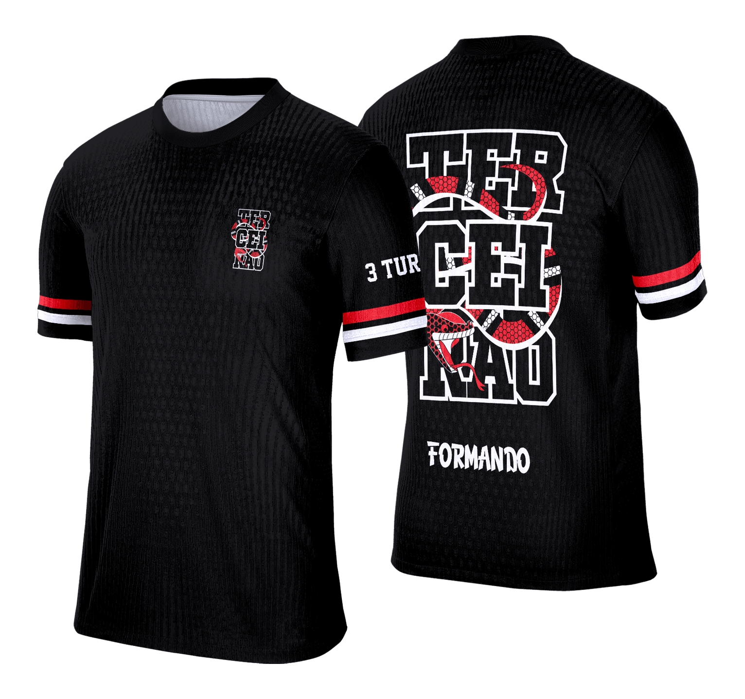 Camisa com logo no peito e estampa grande nas costas apresentando design grafitte com cobra vermelha em destaque, ideal para estudantes do terceirão que buscam estilo único e moderno.