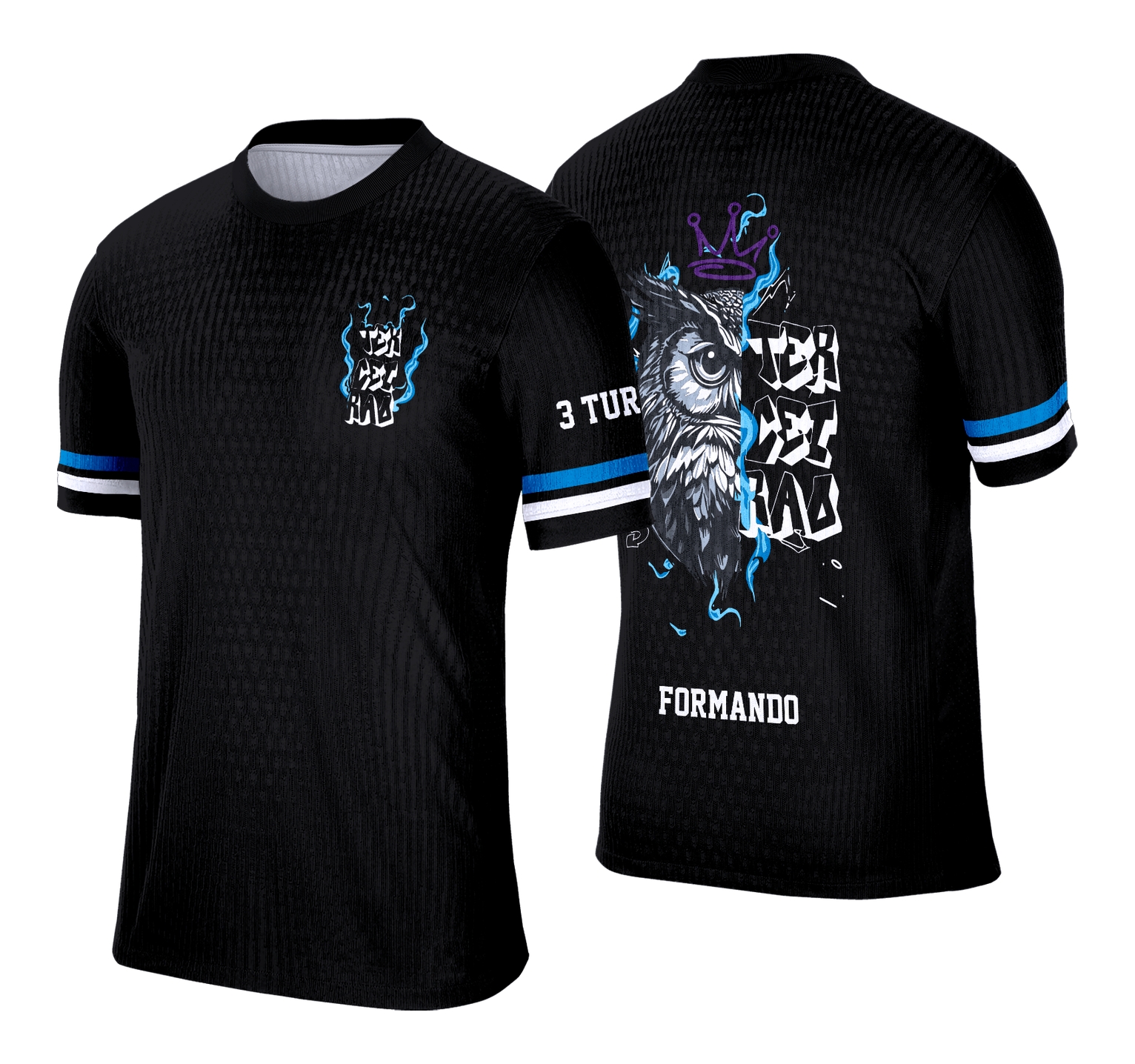 Imagem da camisa com logo no peito e estampa grande nas costas mostrando uma coruja estilizada em grafitte, perfeita para estilos urbanos e modernos.