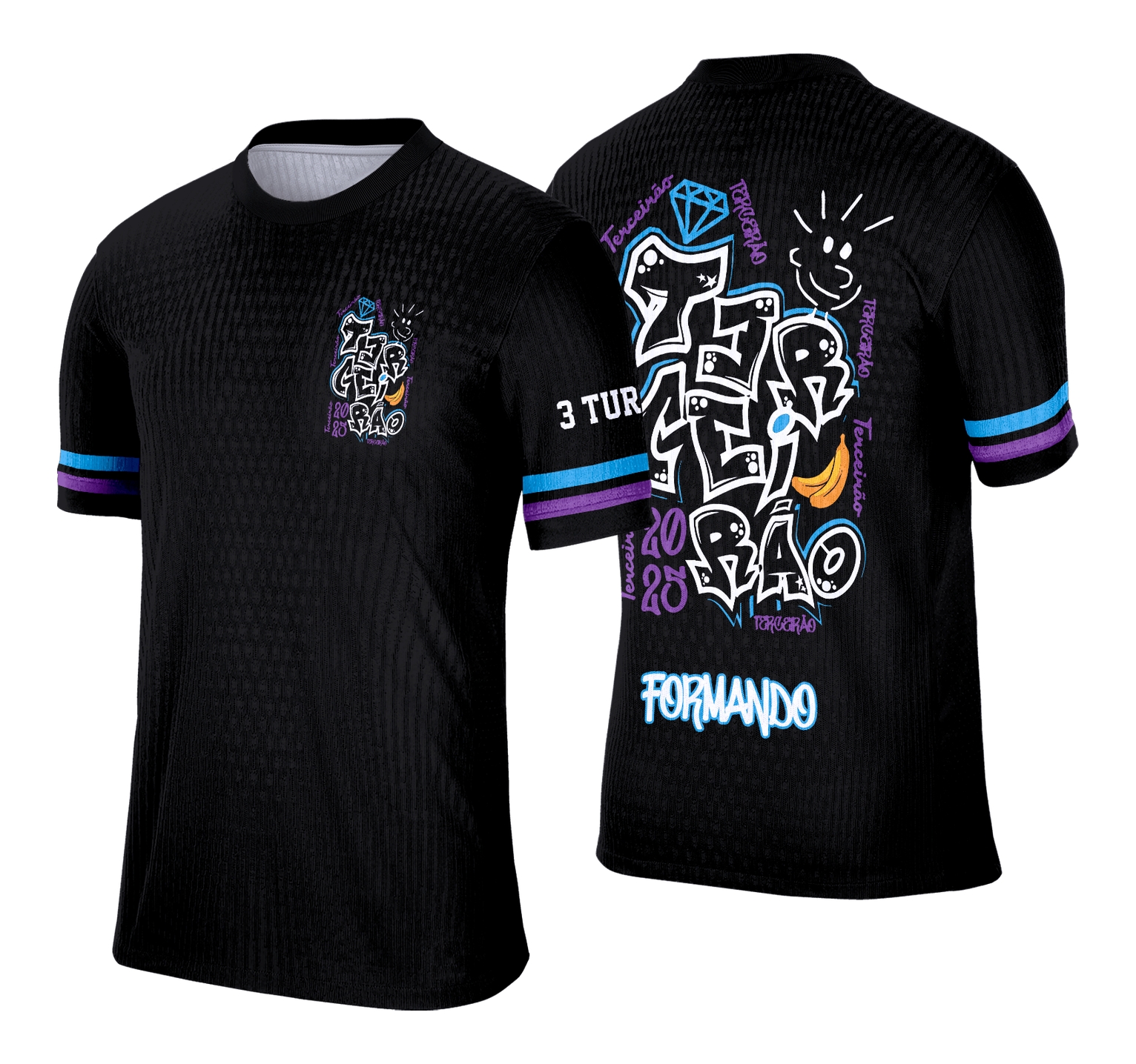 Camisa com logo no peito em destaque e estampa grande nas costas mostrando design grafitte em formato diamante, com traços modernos e cores vibrantes em estilo urbano.