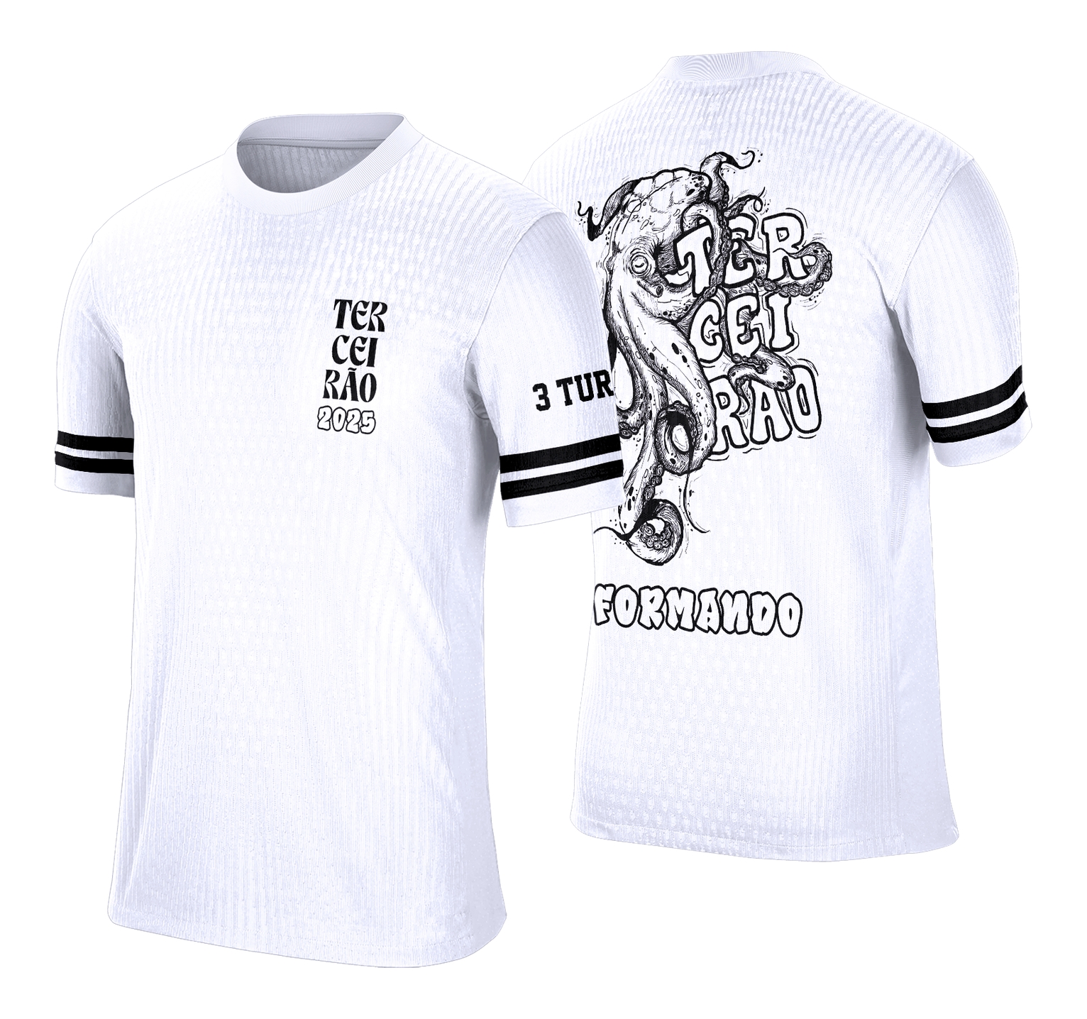 Camisa estilo terçeirão com logo no peito e estampa grande nas costas apresentando uma arte grafite com desenho de polvo em tons urbanos e modernos, perfeita para marcar momentos especiais.