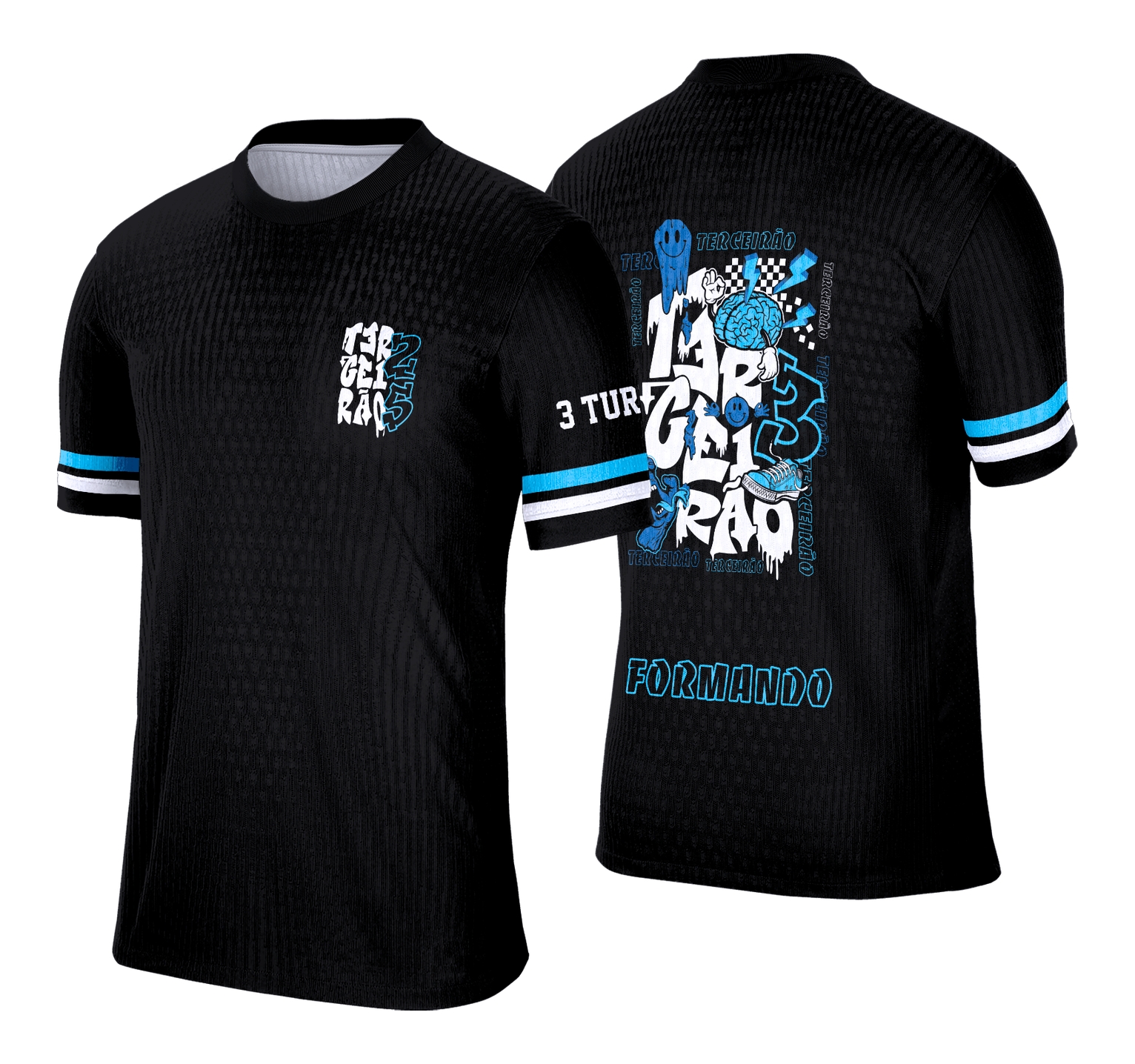 Camisa com logo no peito em destaque e estampa grande nas costas em tons grafitte e azul inspirada em tênis, ideal para marcar a união do Terceirão com design moderno e cheio de estilo.
