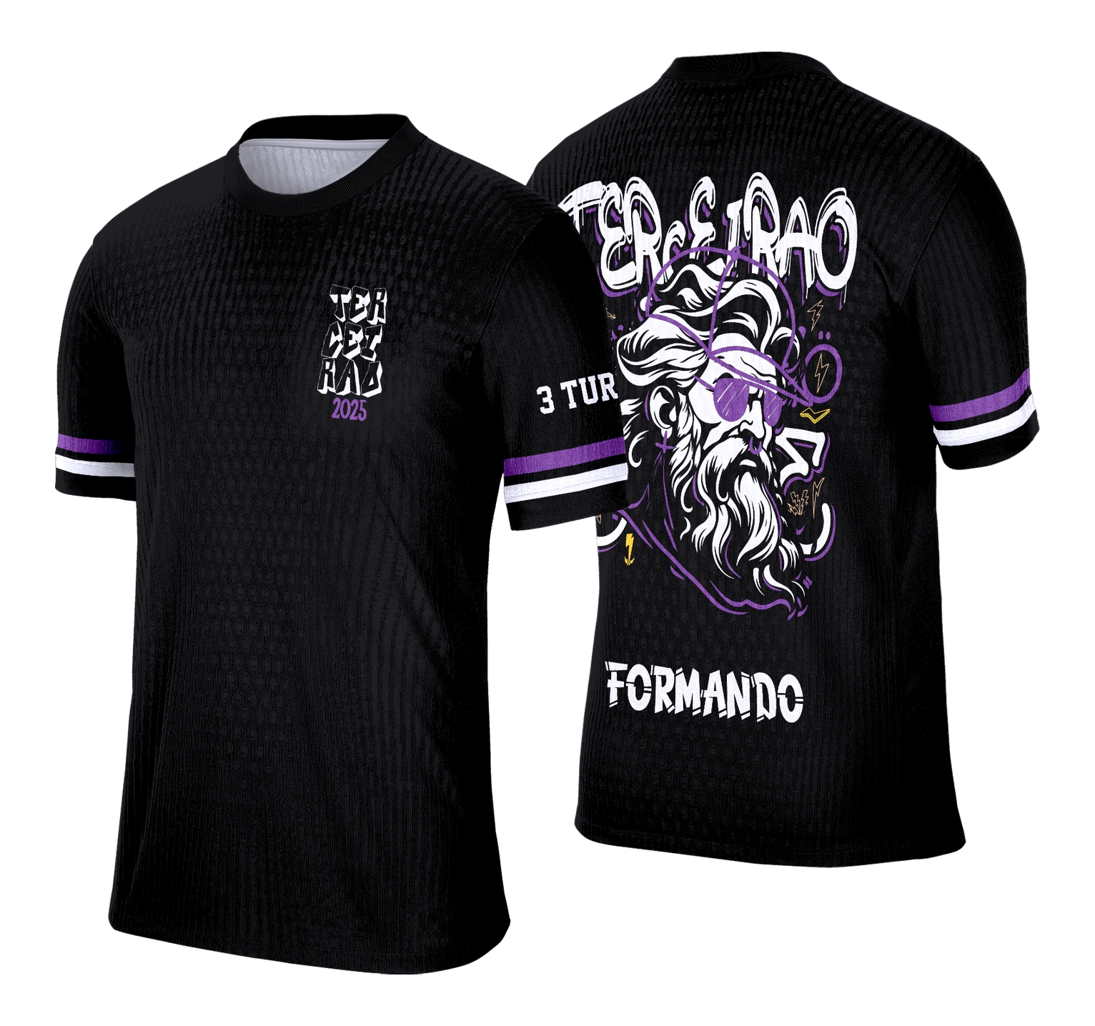 Camisa personalizada com logo no peito e estampa grande nas costas em grafitte estilo Zeus, design moderno e atraente, perfeita para o clima de confraternização do Terceirão.