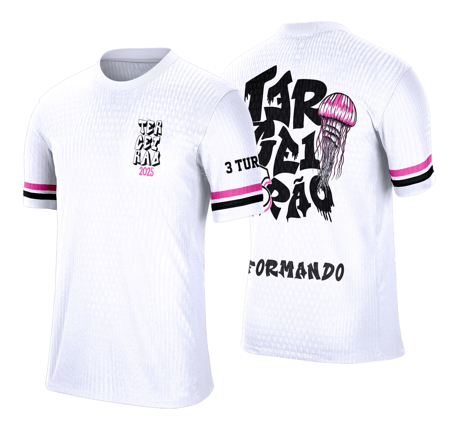 Foto da camisa com logo no peito e estampa grande nas costas em estilo grafitte com tema Água-Viva, ideal para celebração de turma do Terceirão.