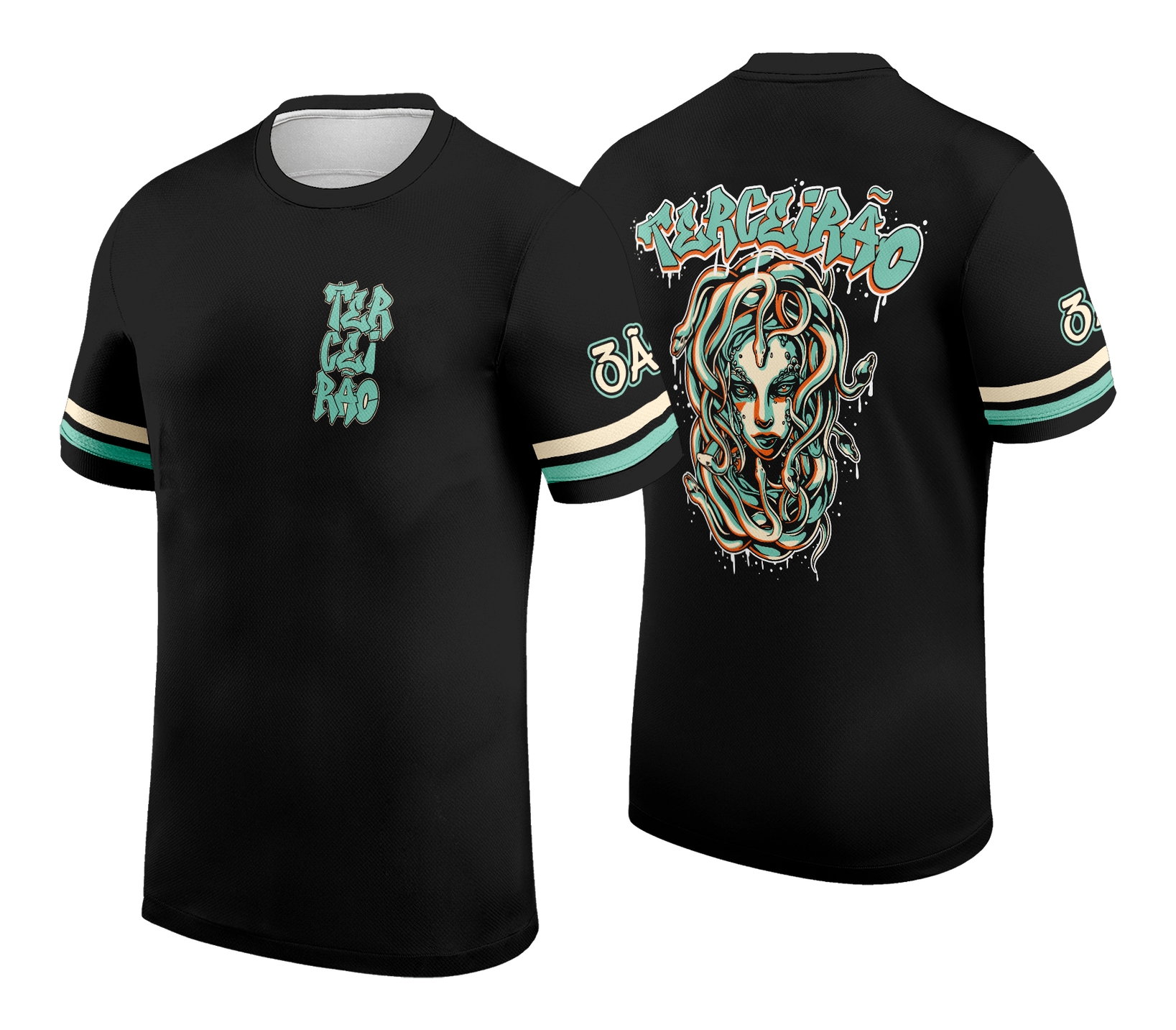 Camisa com logo no peito elegante e uma estampa grande nas costas representando a Medusa, com design impactante e moderno para ter terceiros com estilo marcante e personalidade forte.