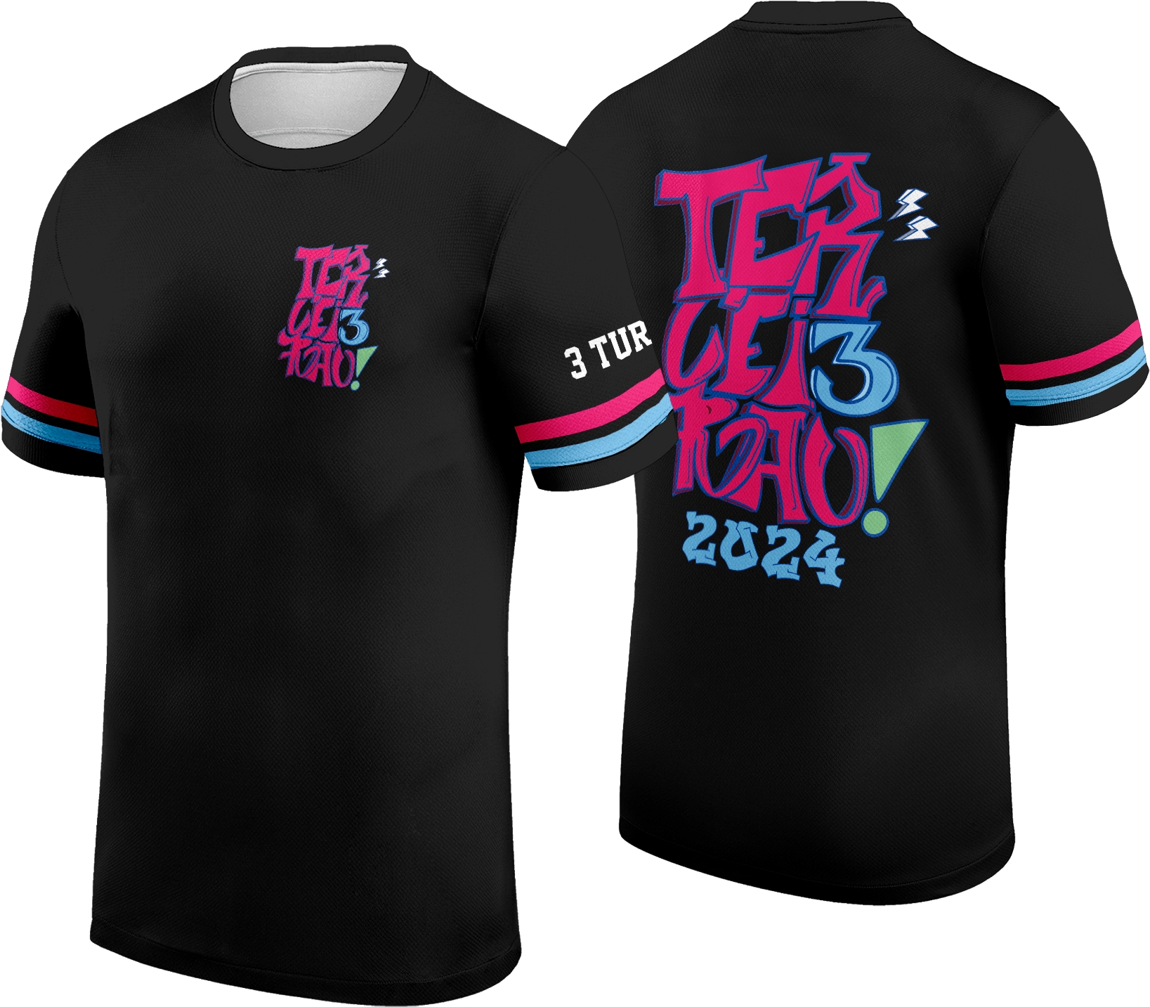 Camisa personalizada com logo no peito e estampa grande nas costas em estilo manuscrito que transmite identidade e união da turma do Terceirão.