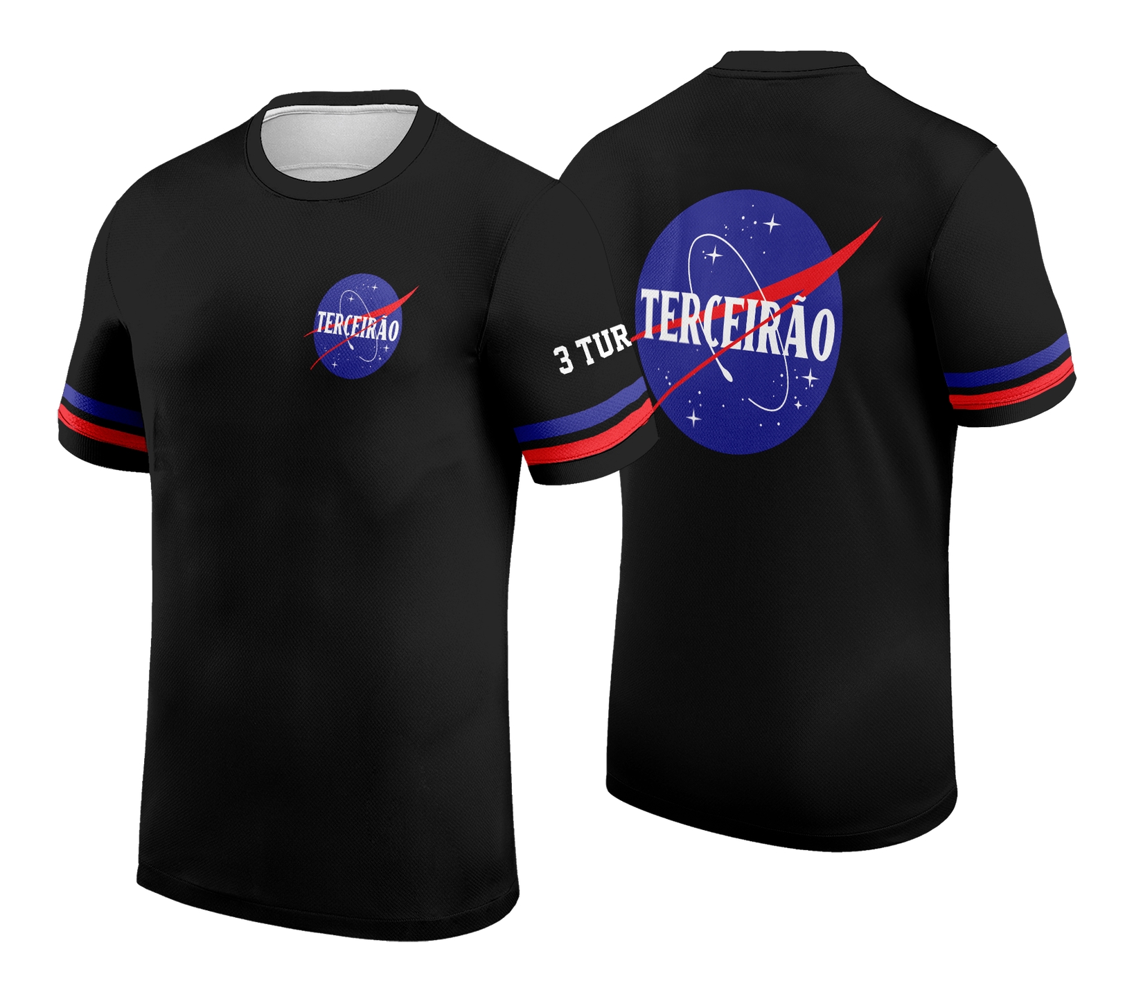 Camisa com logo no peito elegante e estampa grande nas costas mostrando elementos do espaço sideral em design moderno e vibrante, perfeita para festas de turma com tema Nasa