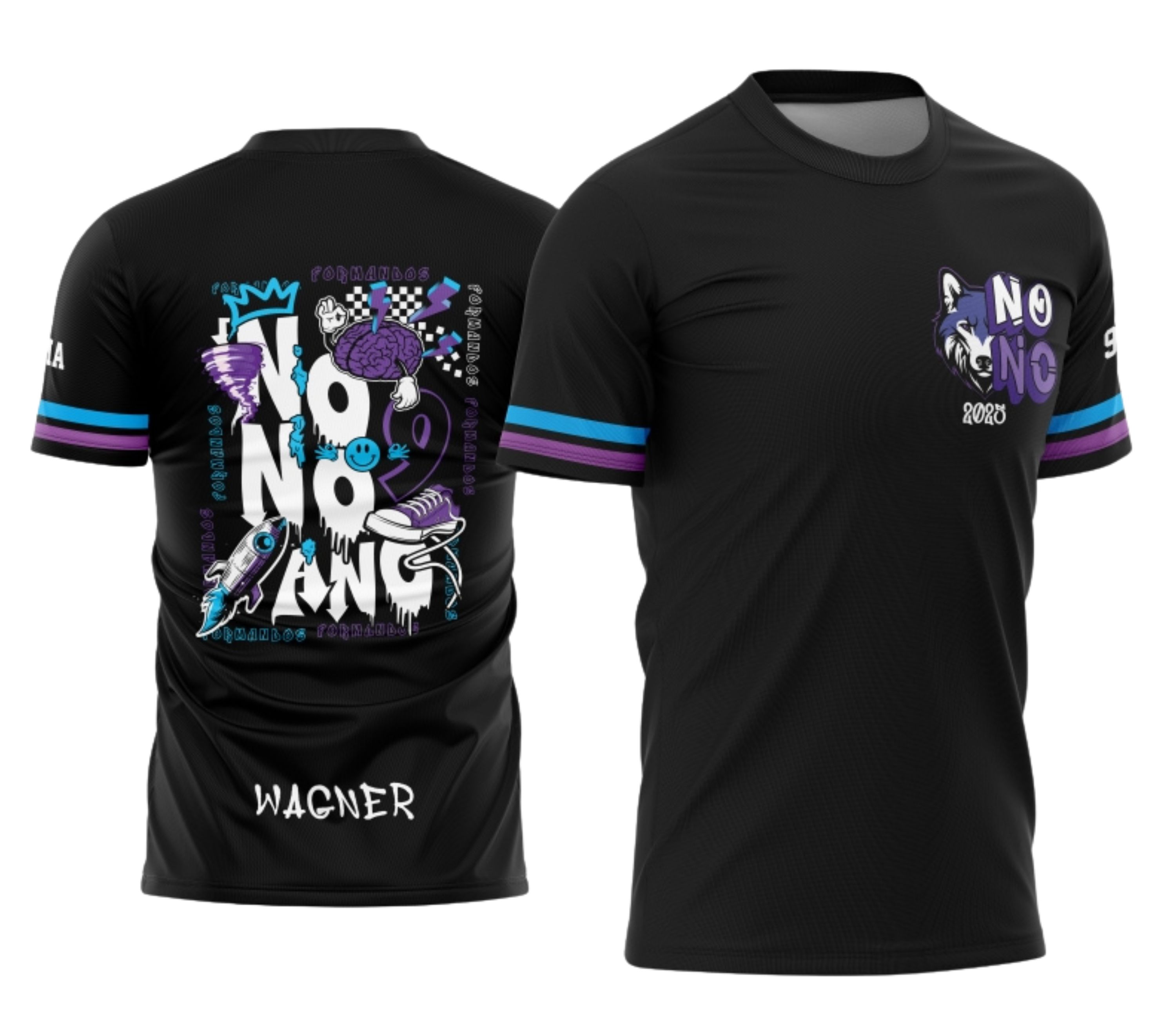 Camiseta unissex preta com logo no peito e estampa grande nas costas com design temático do Nono Ano Alfa, ideal para estudantes e eventos escolares.