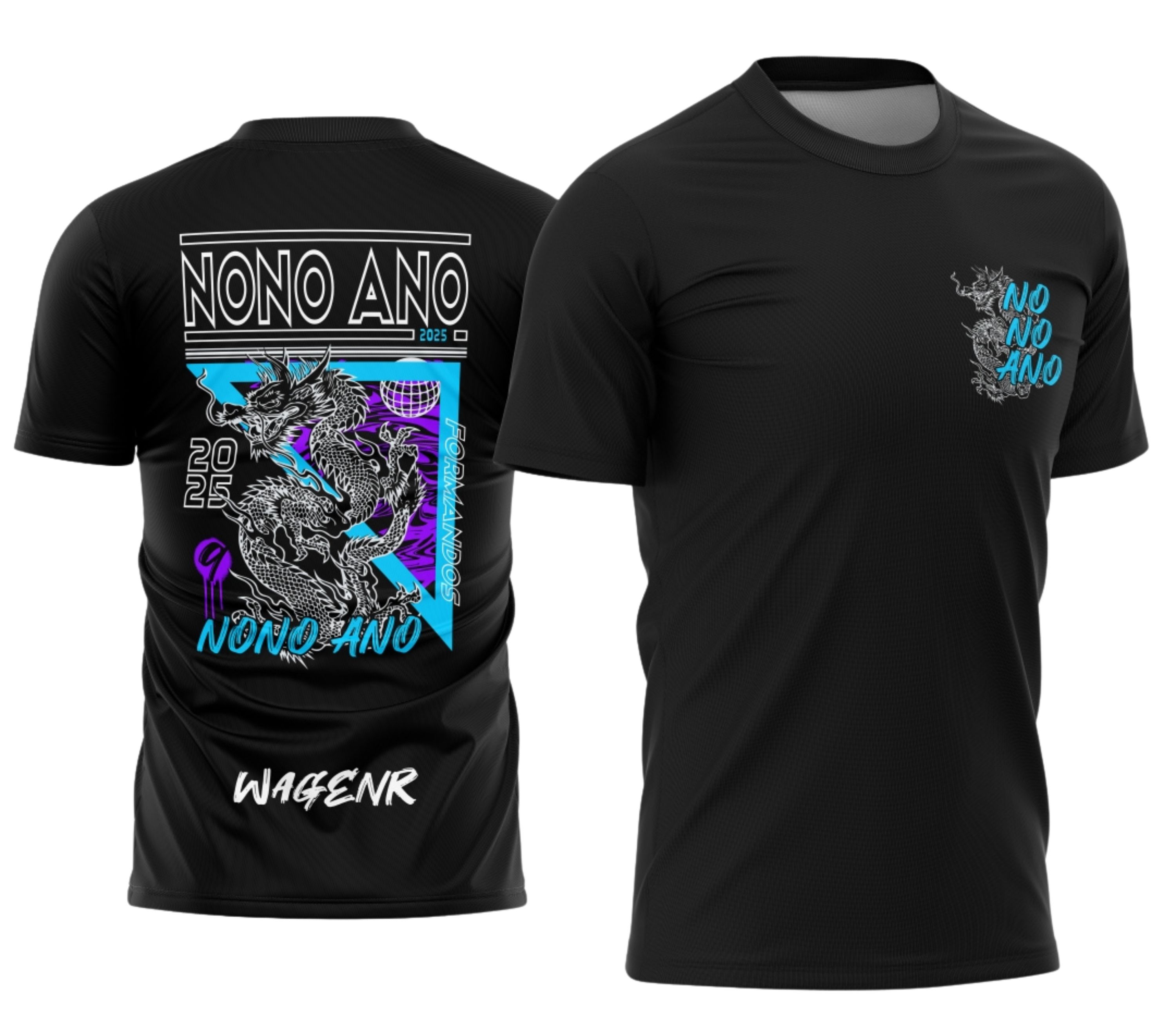 Camiseta unissex preta com logo no peito e estampa grande nas costas do Nono Ano Dragão, destaque para design vibrante e moderno, perfeita para uso escolar e eventos comemorativos.