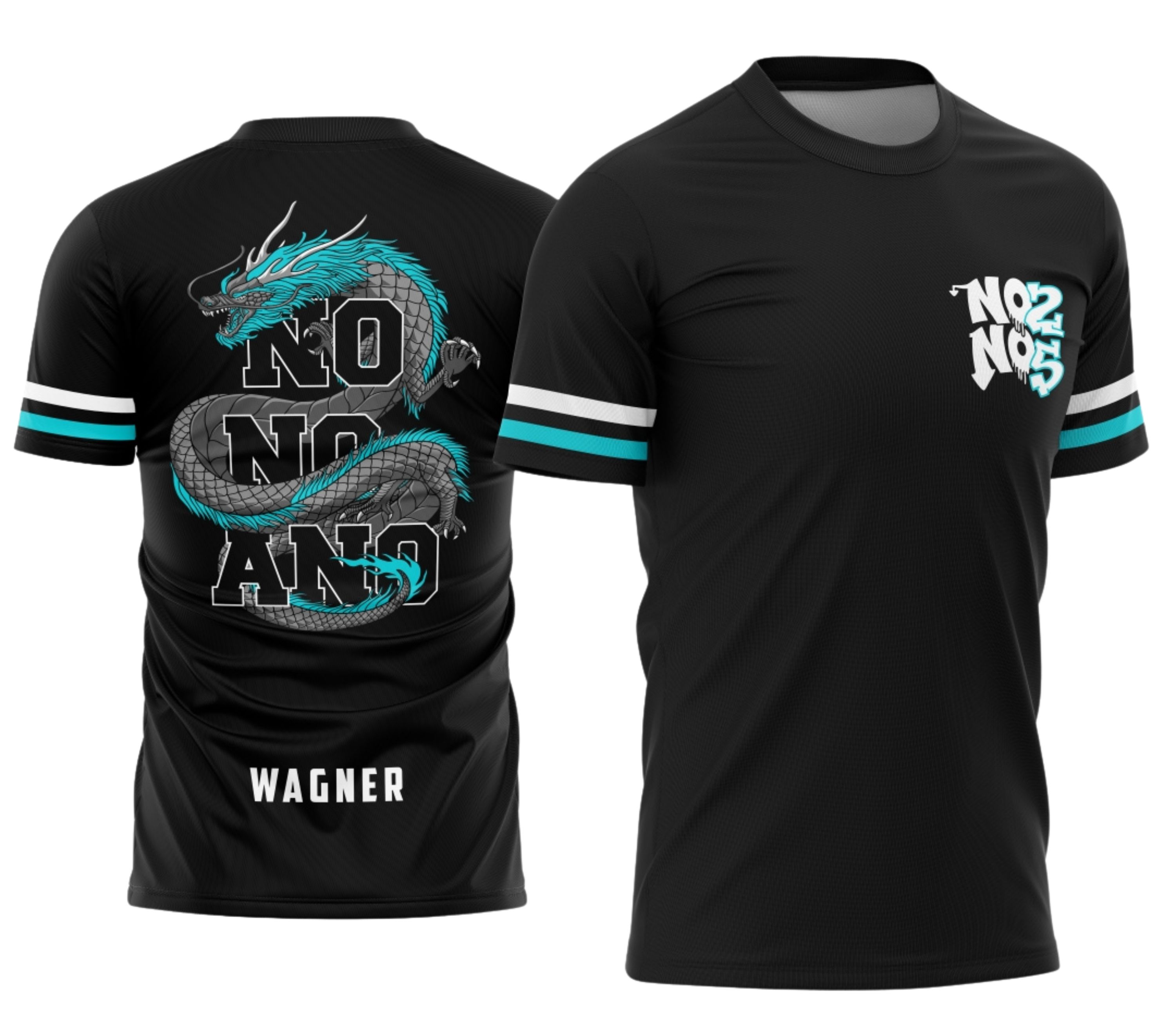 Foto de camiseta unissex preta com logo no peito e estampa grande nas costas, apresentando dragão vibrante e elementos do Nono Ano, perfeita para quem busca estilo único e moderno.