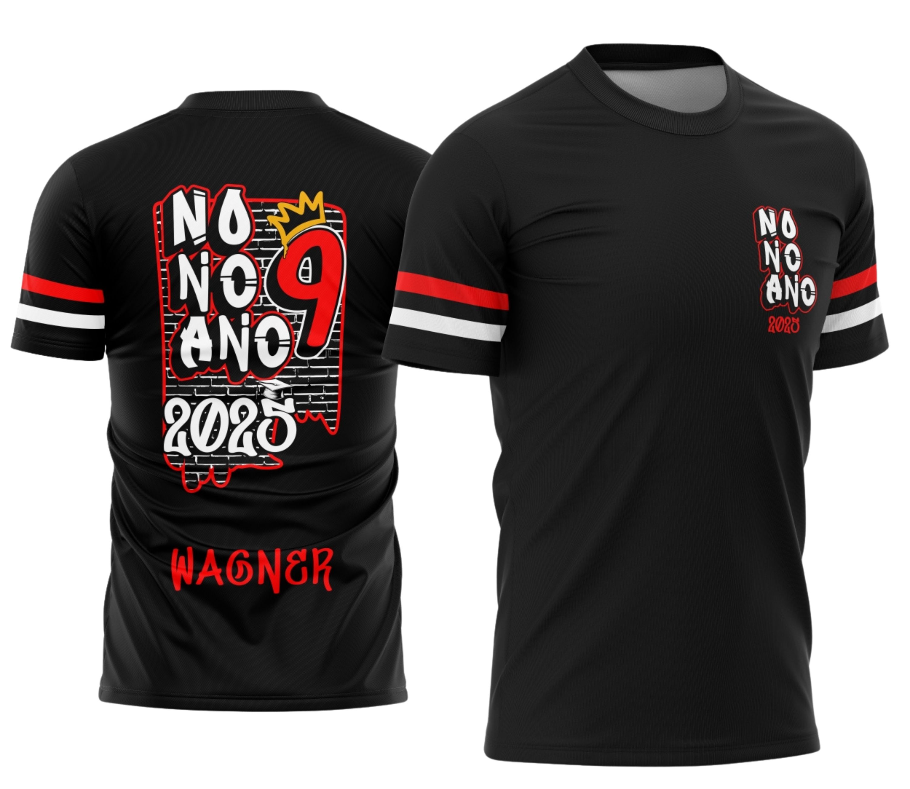 Camiseta unissex preta com logo no peito e estampa grande nas costas do tema Camisa do Nono Ano Graffiti Coroa, ideal para estudantes que buscam estilo moderno e único.