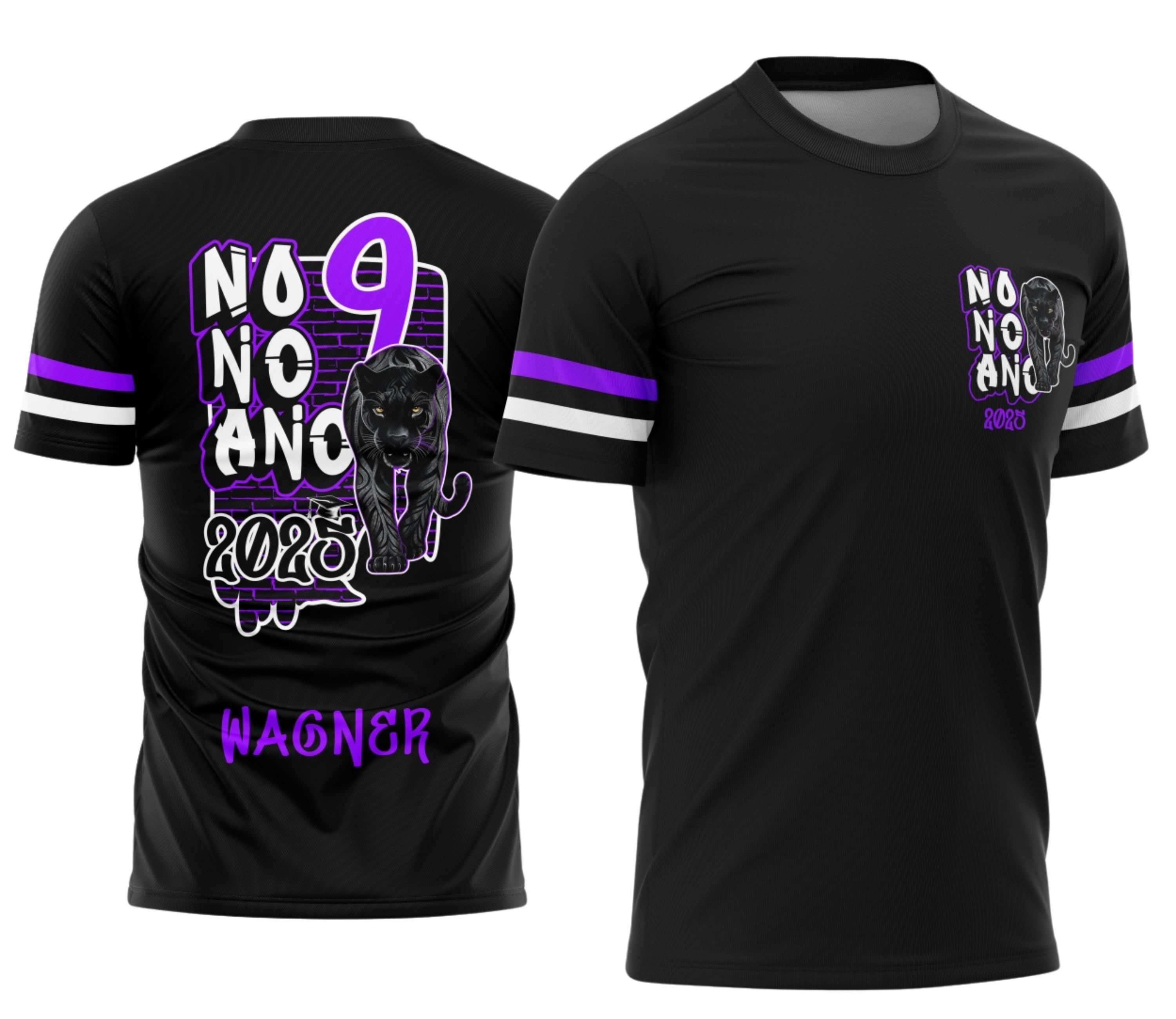 Camiseta preta unissex com logo no peito e estampa grande nas costas inspirada no Nono Ano Graffiti Pantera Negra, perfeita para quem quer estilo urbano e marcante.