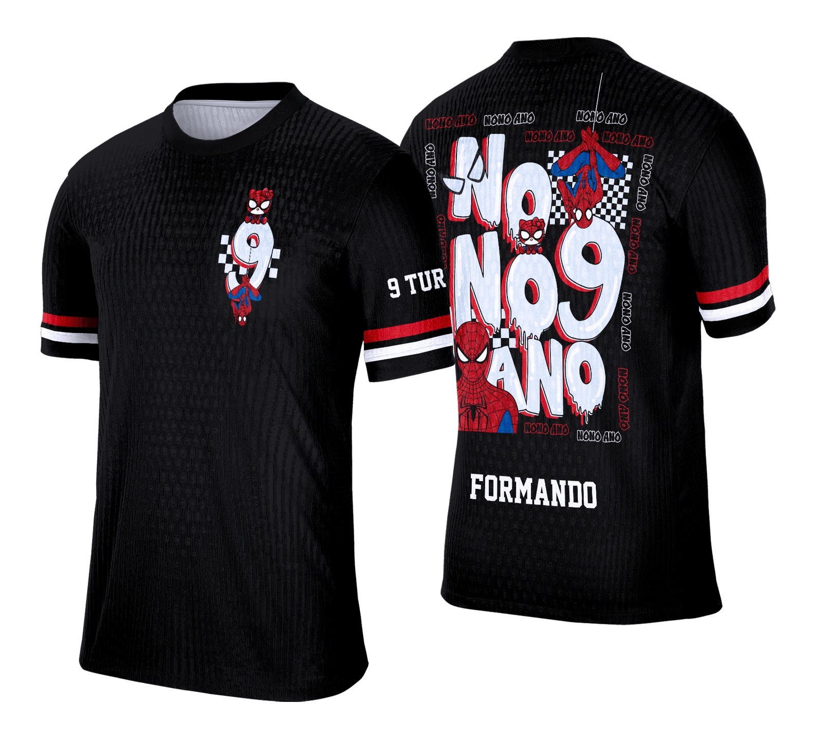 Camiseta unissex preta com logo no peito e estampa grande nas costas do Homem Aranha, ideal para fãs e estudantes do nono ano, design moderno e vibrante