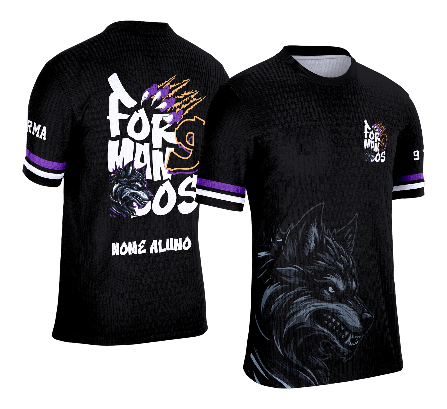 Camiseta unissex preta com logo no peito e estampa grande nas costas do Nono Ano Lobo, perfeita para representar a união da turma escolar com estilo e atitude.