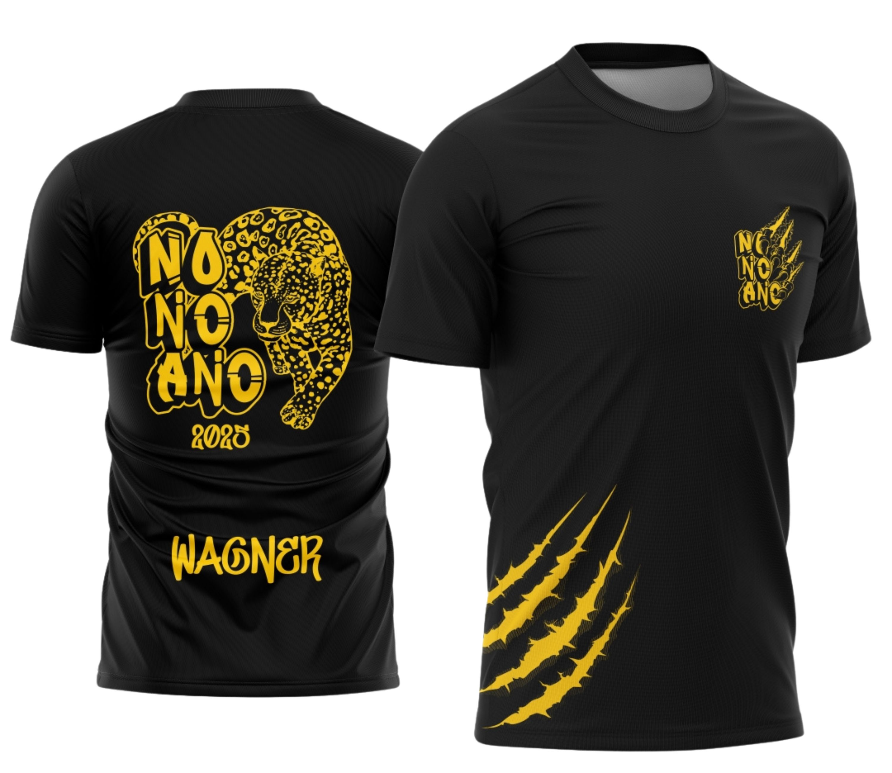 Camiseta unissex preta com logo no peito e estampa grande nas costas de onça impressa, estilo jovem e moderno ideal para turma do Nono Ano.