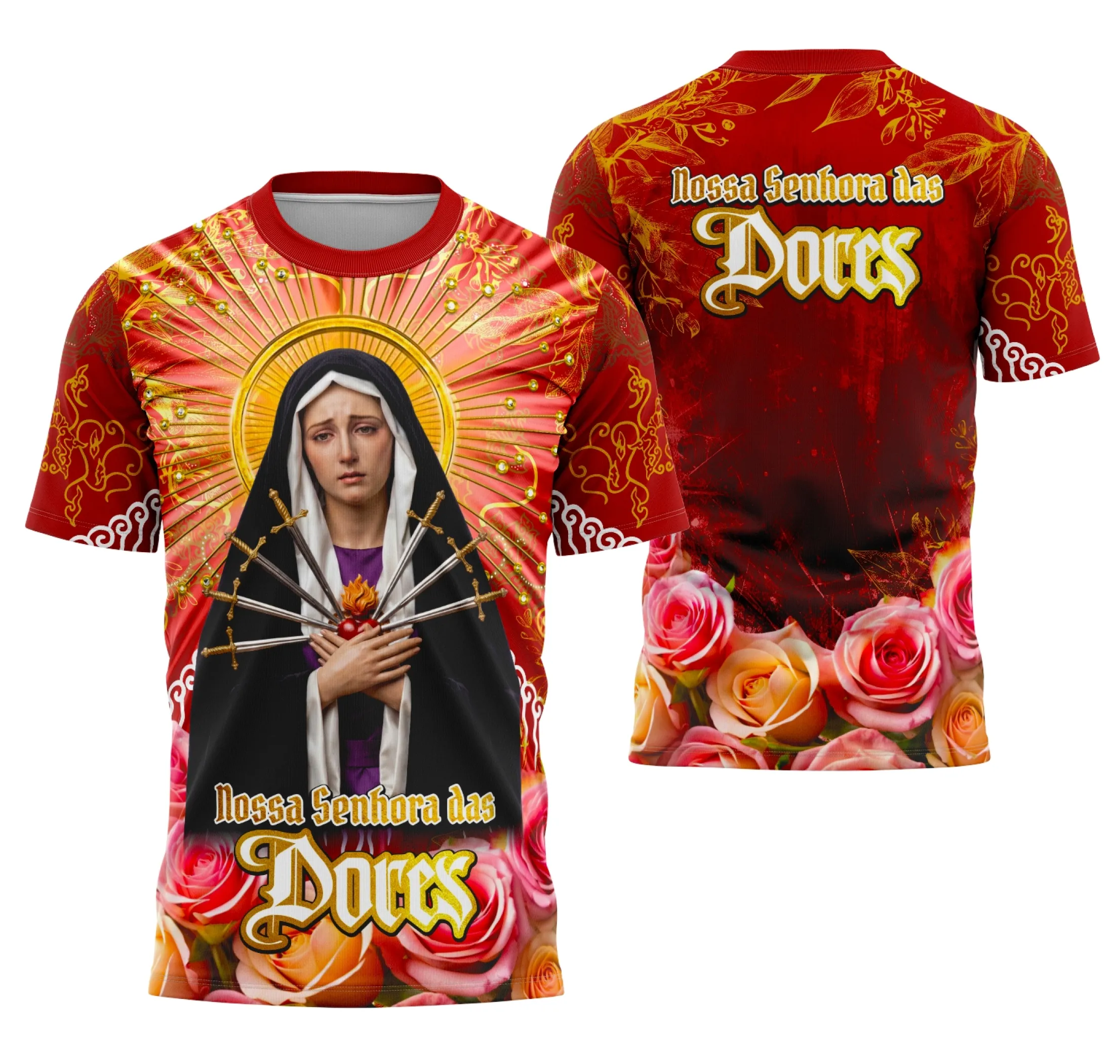Foto da camisa com logo no peito discreto e uma estampa grande nas costas representando Nossa Senhora das Dores de forma elegante e respeitosa, ideal para quem busca um visual sóbrio e religioso.