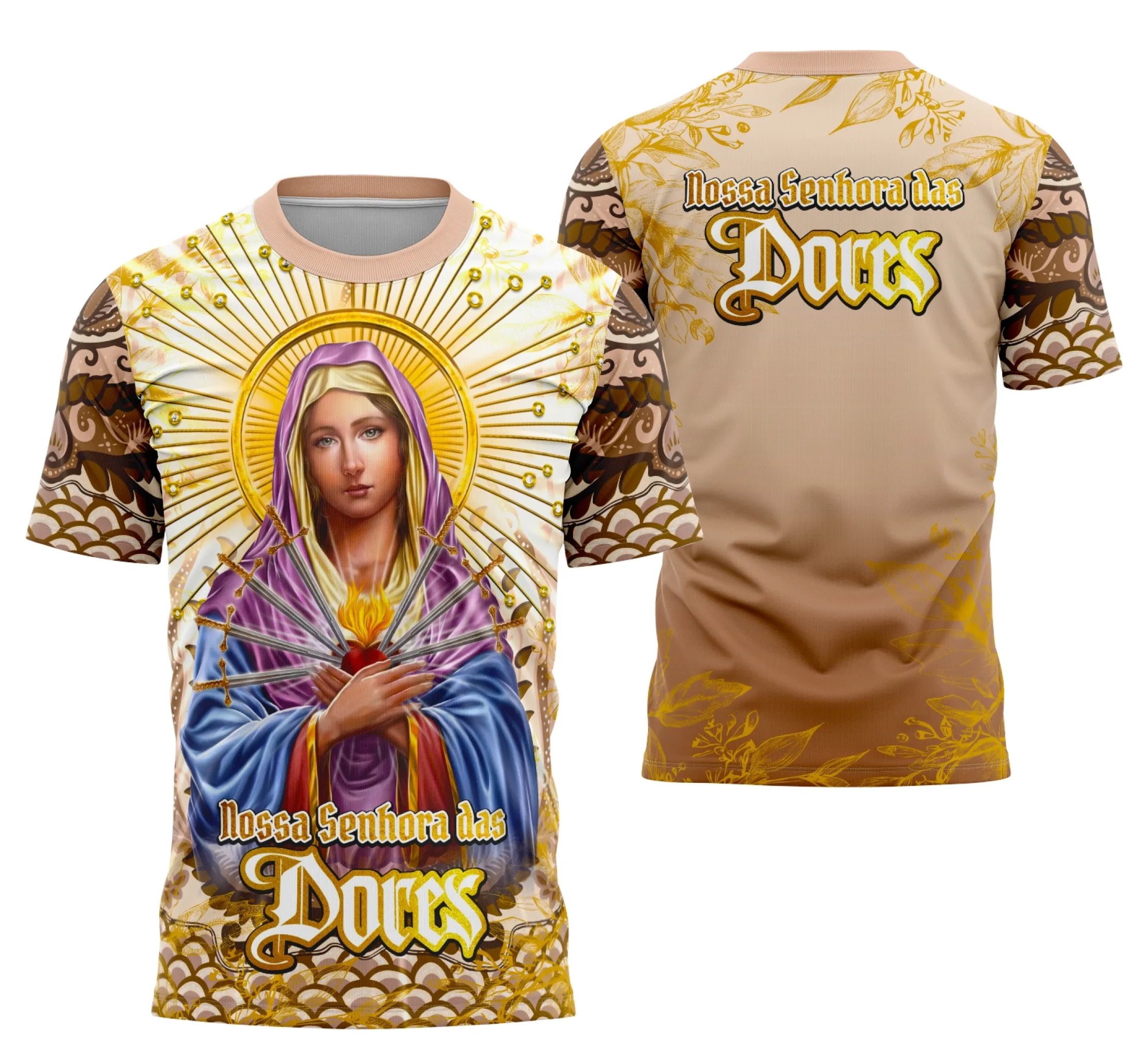 Camisa com logo no peito e estampa grande nas costas mostrando a imagem de Nossa Senhora das Dores, em estilo religioso tradicional, ideal para demonstrar fé e devoção com elegância e significado profundo.