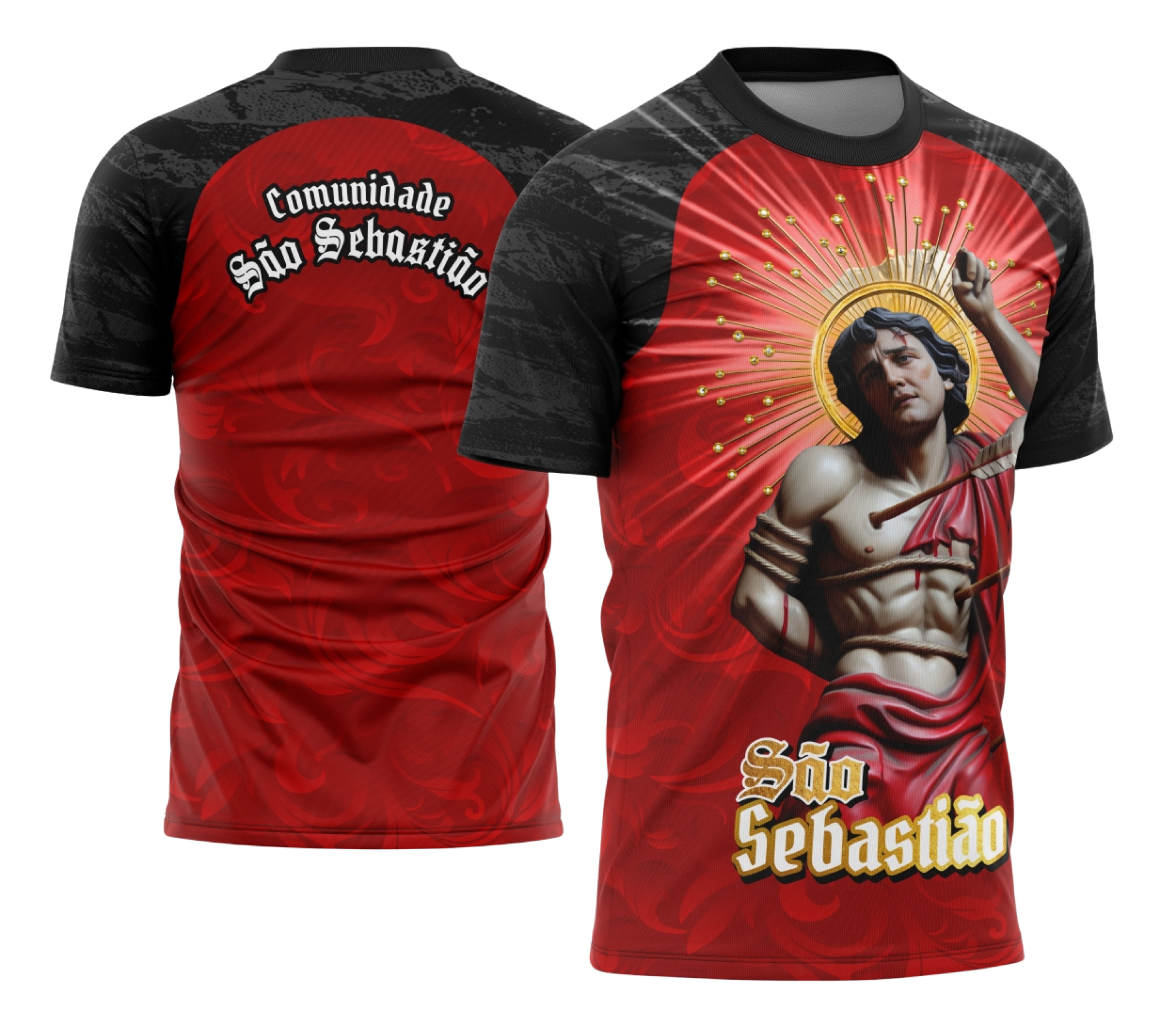 Camiseta unissex preta com logo no peito e estampa grande nas costas, tema São Sebastião 2026, ideal para quem busca estilo devocional marcante e moderno