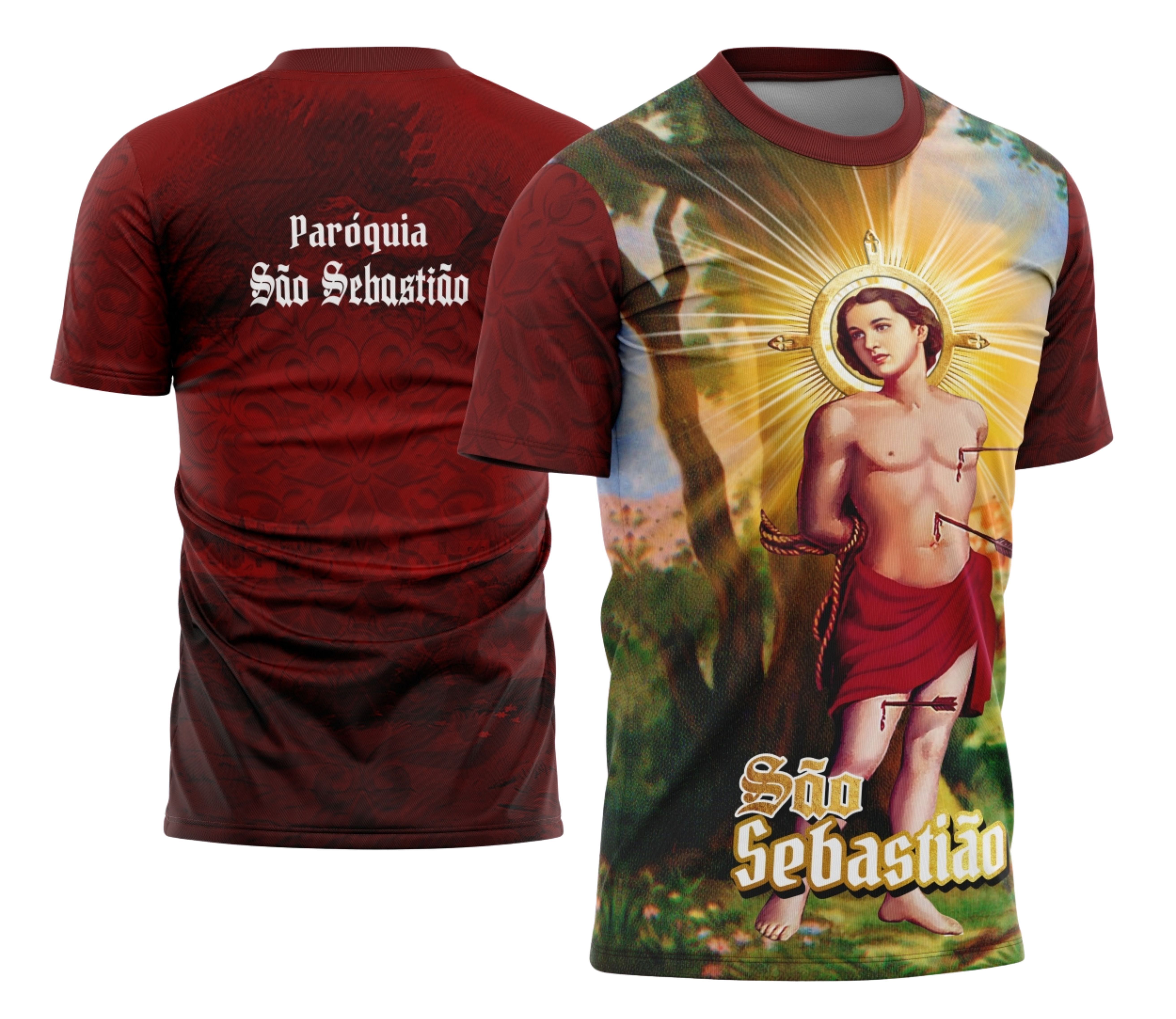 Imagem da camisa religiosa com um logo no peito e uma estampa grande nas costas, mostrando elementos simbólicos de São Sebastião em estilo marcante e detalhado, com cores vibrantes e design moderno.