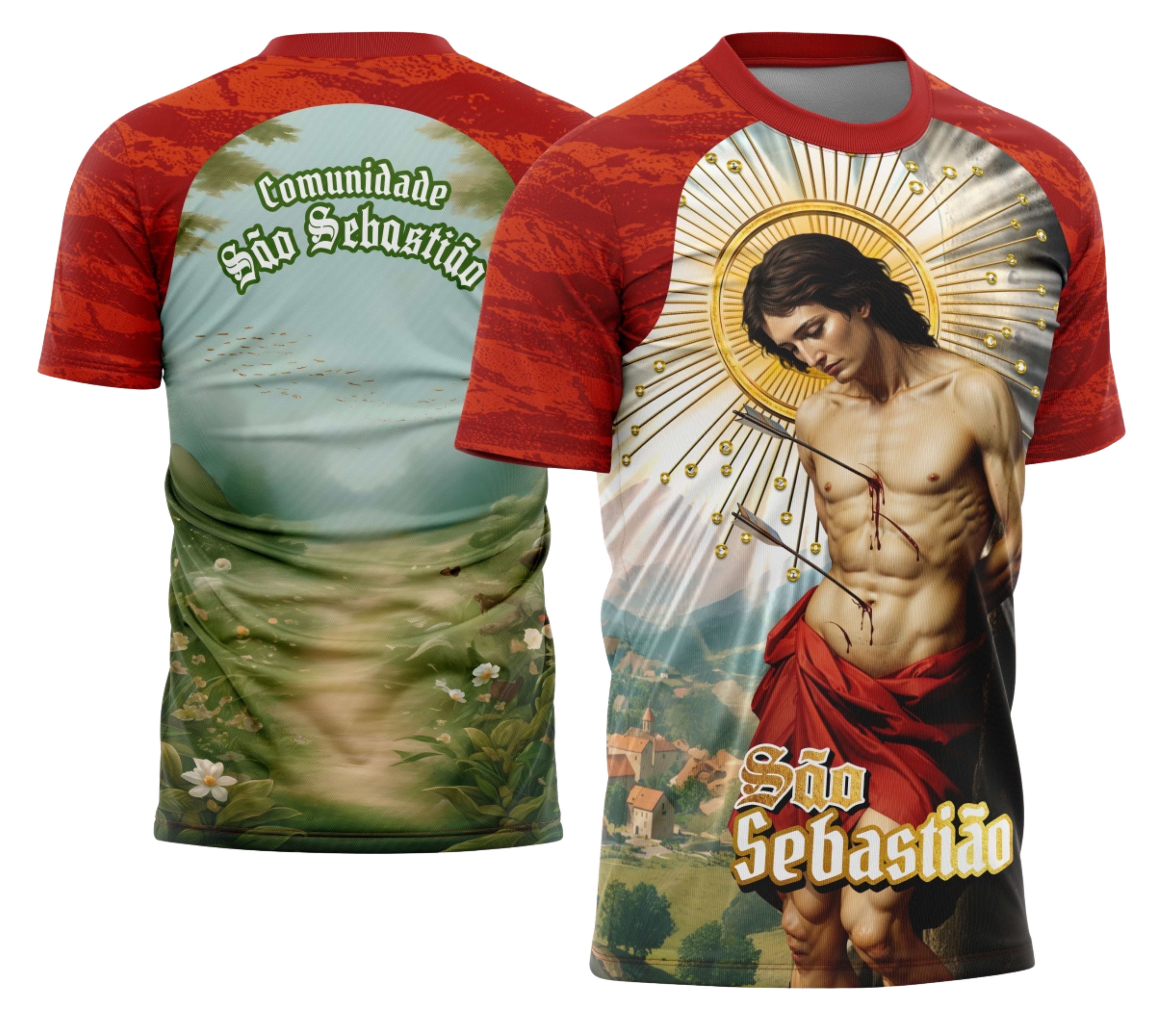 Camisa com logo no peito e estampa grande nas costas, destacando a imagem de São Sebastião em estilo religioso com detalhes vibrantes e design impactante, perfeita para ocasiões especiais.