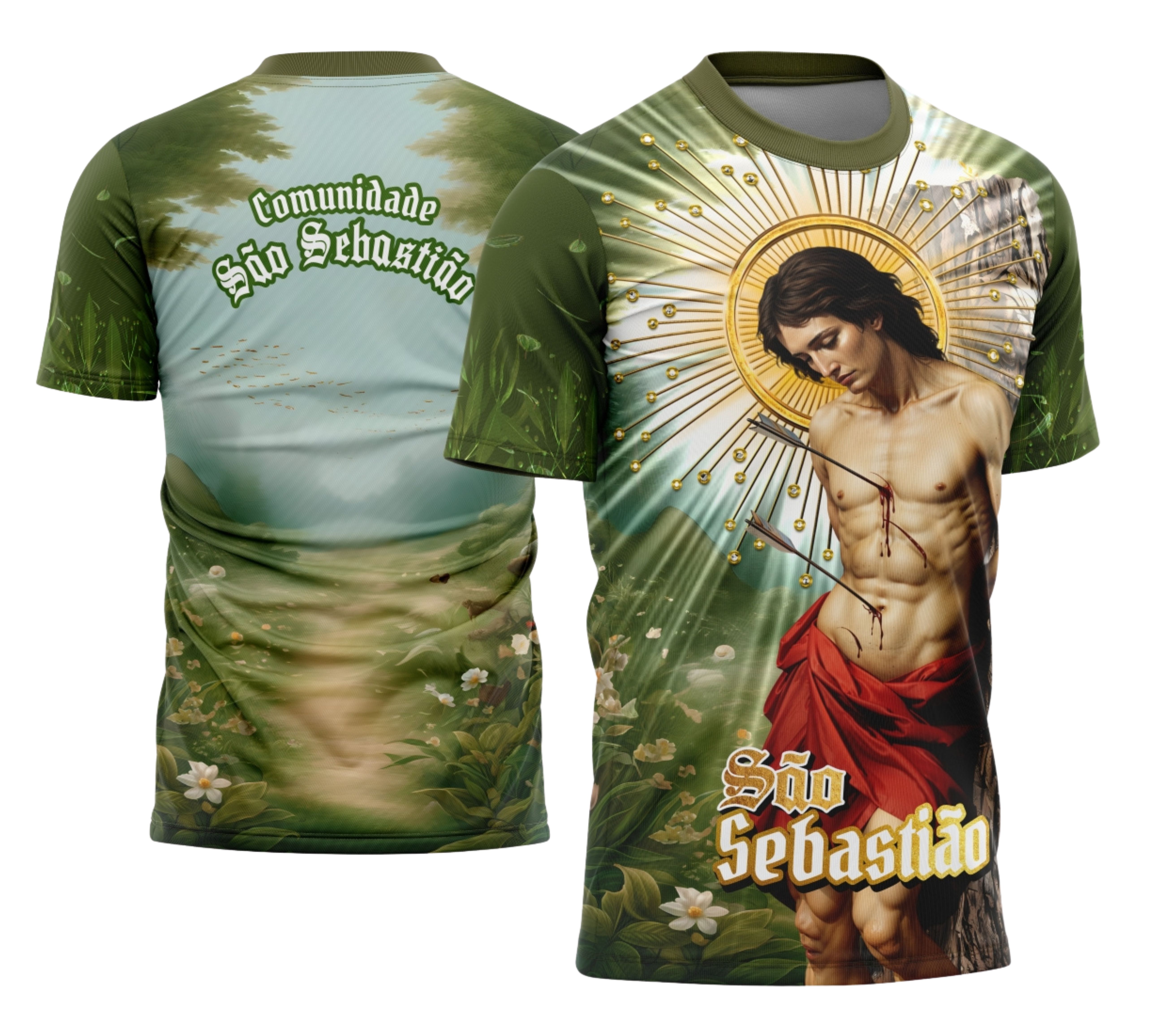 Camiseta unissex preta com logo no peito e estampa grande nas costas com tema São Sebastião 2026, ideal para o público que busca estilo religioso e moderno.