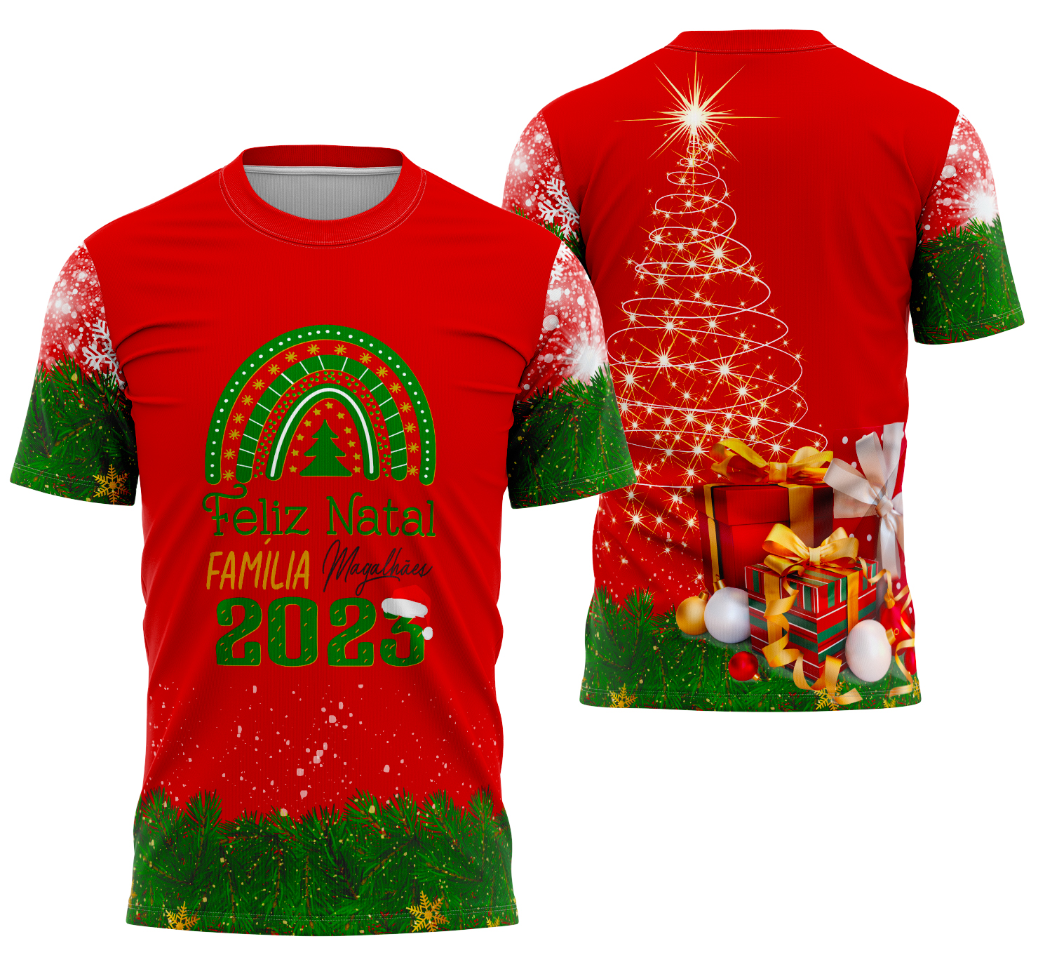 Camiseta unissex branca com logo no peito e estampa grande nas costas com tema Natal 2025 Modelo 17, design moderno e alegre para celebrar a festa com estilo.
