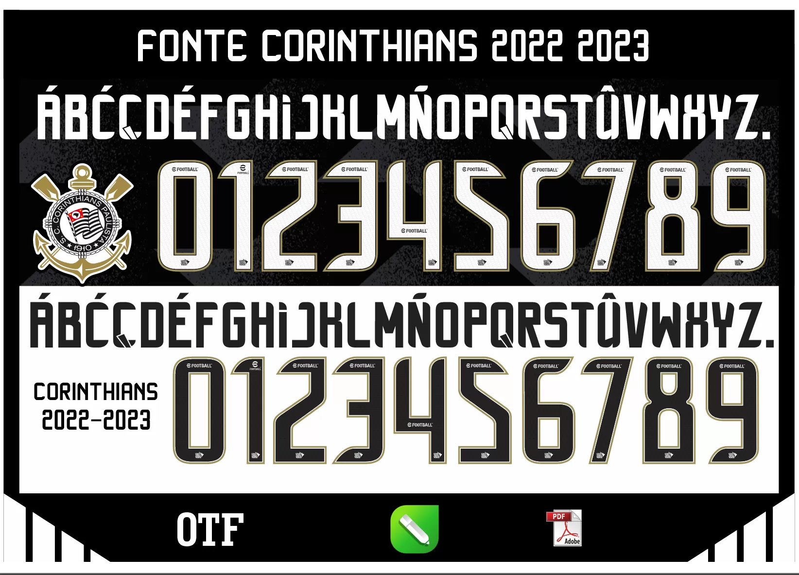 Camiseta preta unissex com logo no peito e estampa grande nas costas com a fonte Corinthians 2022 - 2023, estilo moderno e esportivo, perfeita para torcedores do time.