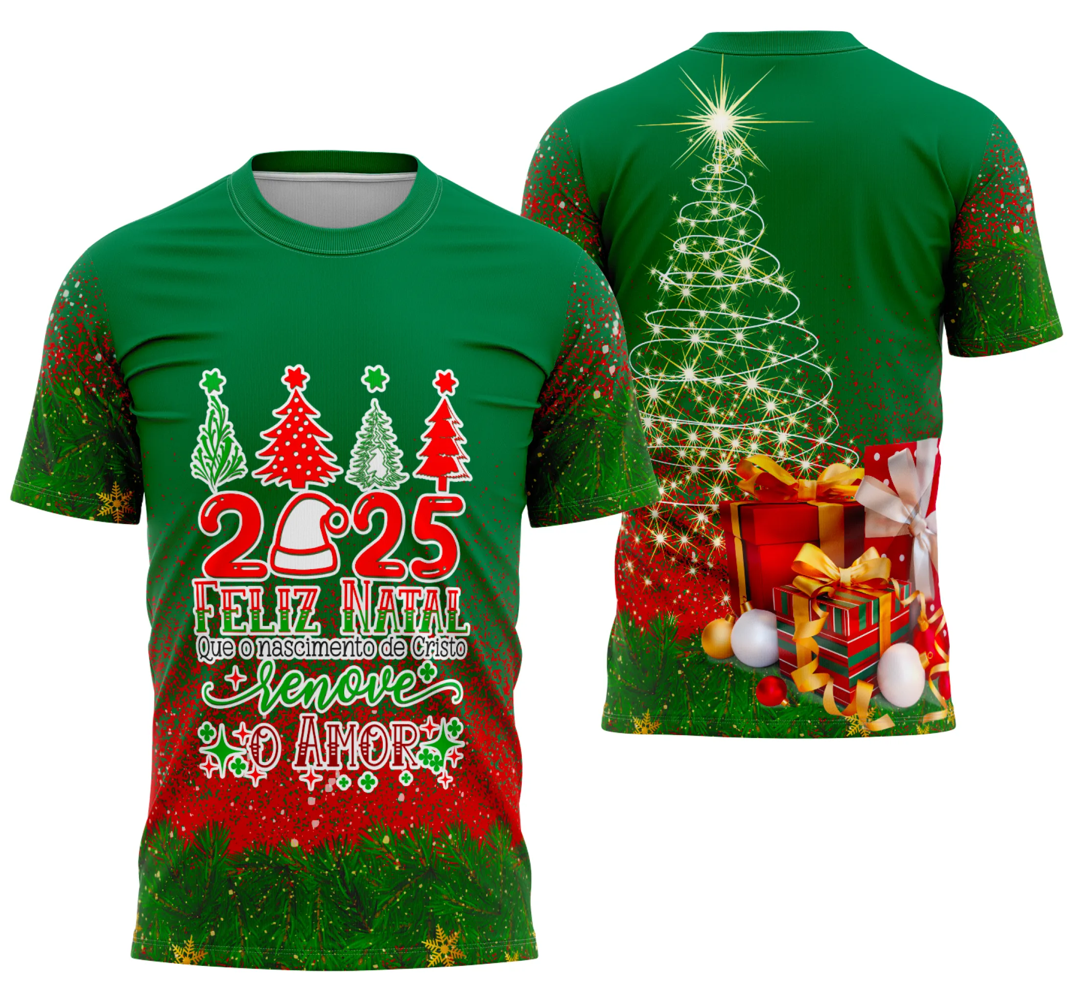 Camiseta unissex branca com logo no peito e estampa grande nas costas com tema Natal 2025, trazendo clima festivo, moderna e alegre para as celebrações de fim de ano.