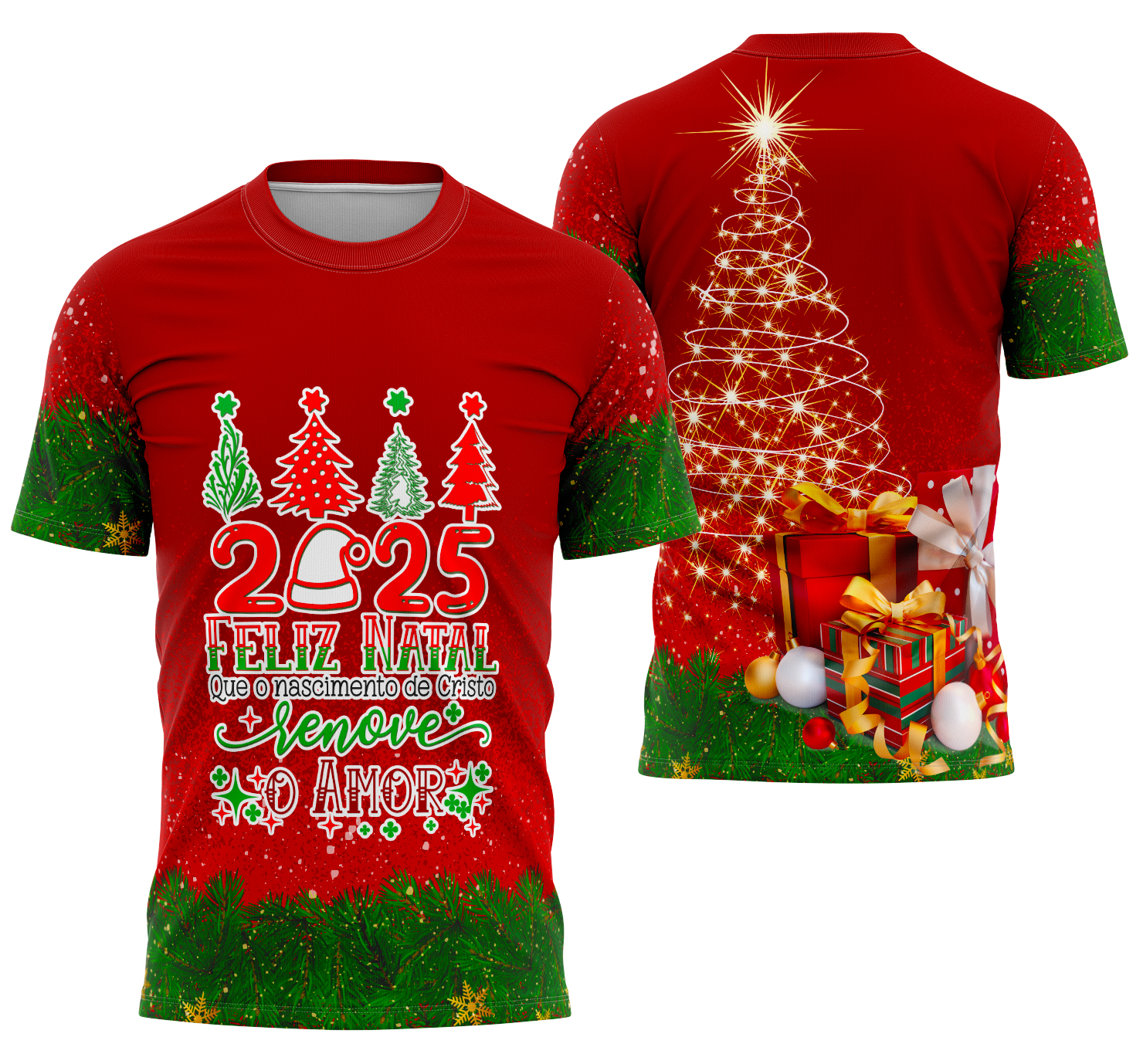 Camiseta unissex branca com logo no peito e estampa grande nas costas com tema Modelo Camisa de Natal 2025 02, perfeita para o clima natalino e estilo moderno.