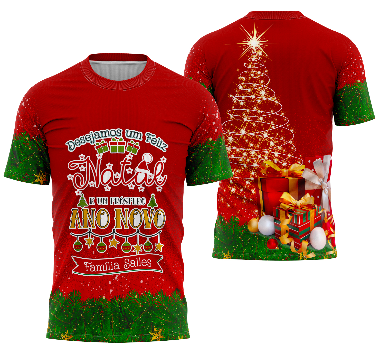Camiseta unissex branca com logo no peito e estampa grande nas costas com o tema modelo camisa de Natal 2025 04, mostrando visual festivo e detalhes modernos.