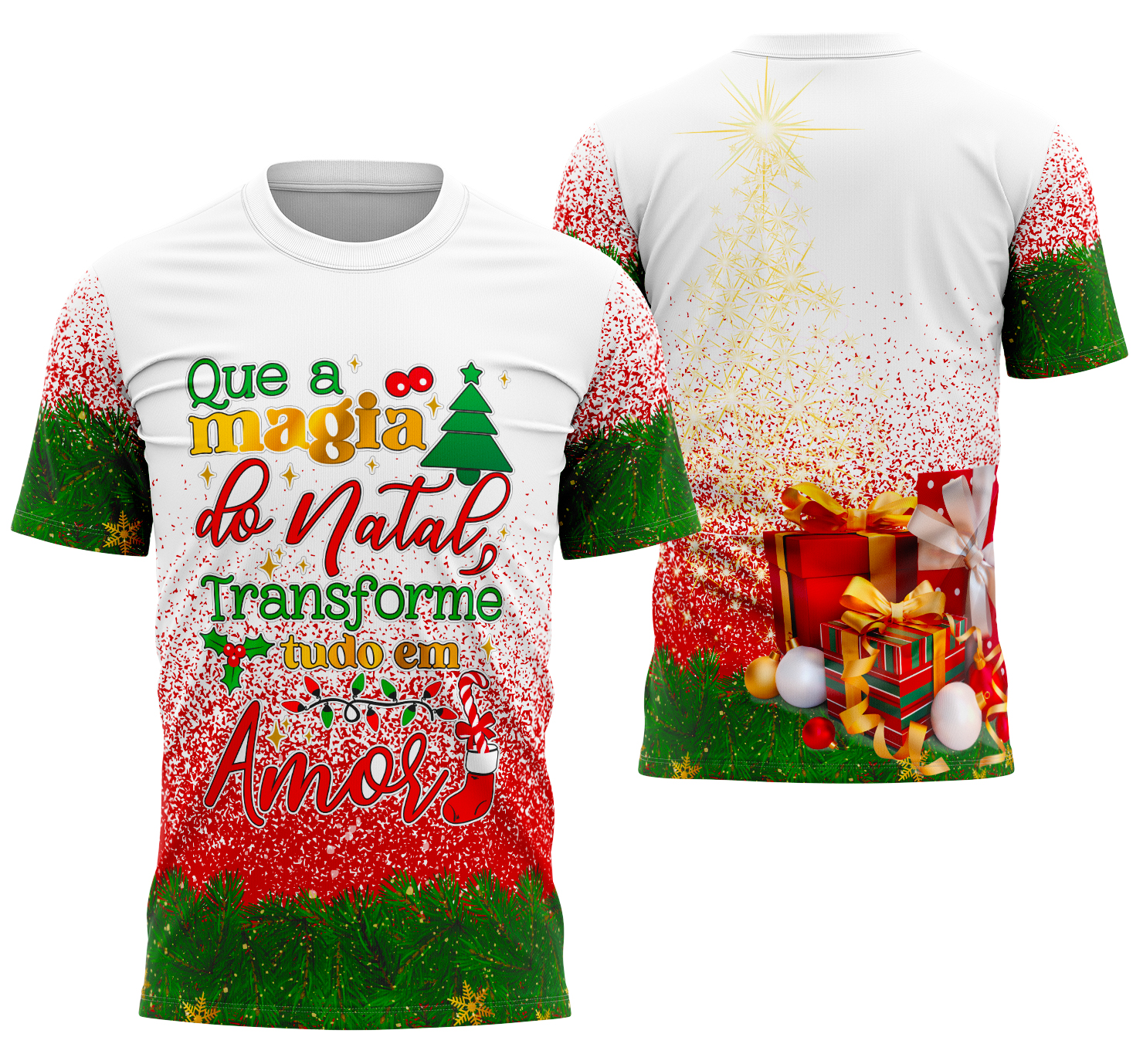 Camiseta unissex branca com logo no peito e estampa grande nas costas tema Modelo Camisa de Natal 2025 05, perfeita para celebrar o Natal com estilo e conforto.