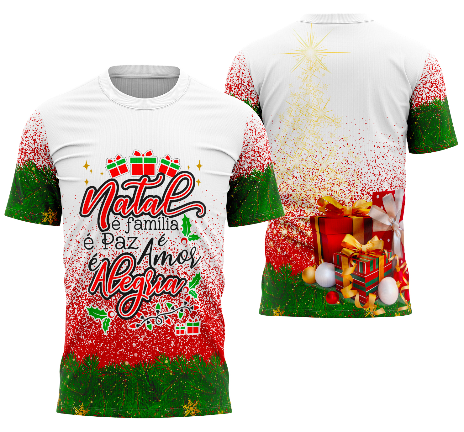 Camiseta unissex branca com logo no peito e estampa grande nas costas inspirada no Modelo Camisa de Natal 2025 07, ideal para celebrar com estilo e conforto.