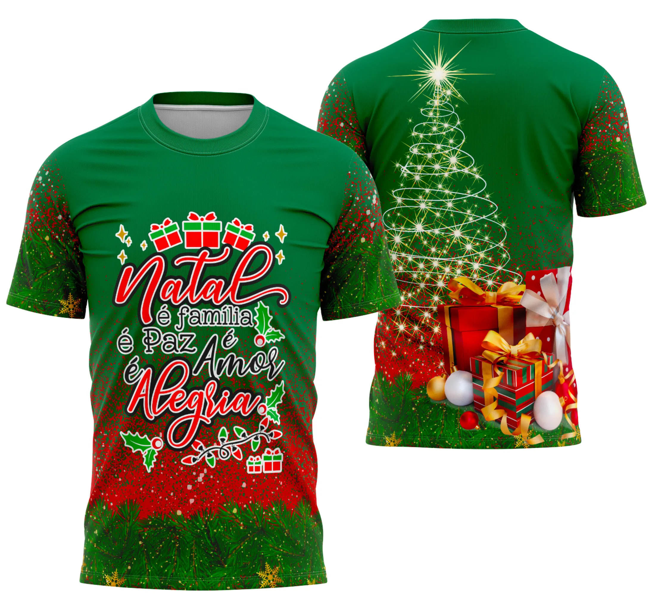 Camiseta unissex branca com logo no peito e estampa grande nas costas com tema Modelo Camisa de Natal 2025 07, ideal para o clima festivo.