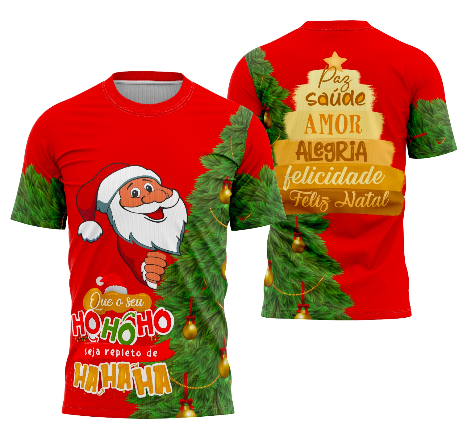 Camiseta unissex branca com logo no peito e estampa grande nas costas com o tema Modelo Camisa de Natal 2025 11, perfeita para festas e clima natalino.