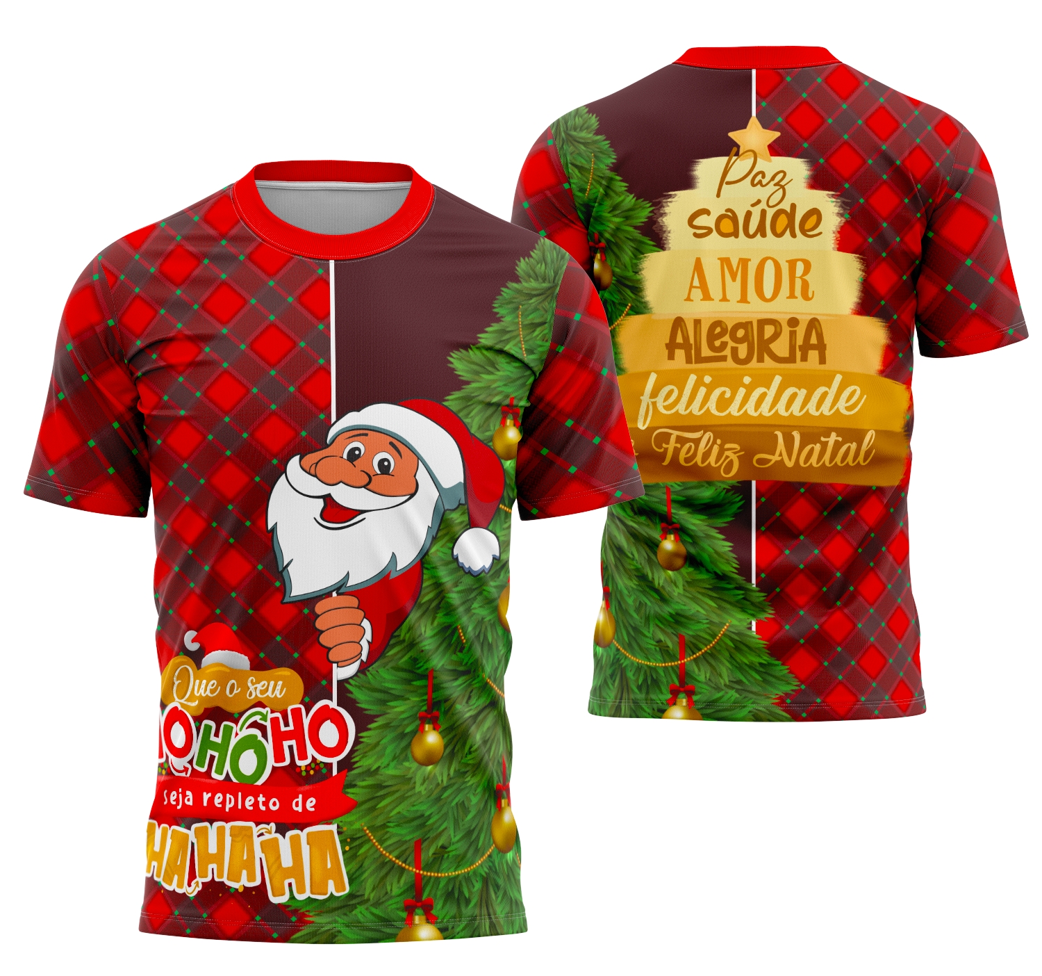Camiseta unissex branca com logo no peito e estampa grande nas costas, temática natalina Modelo Camisa de Natal 2025 22, estilo moderno e festive.