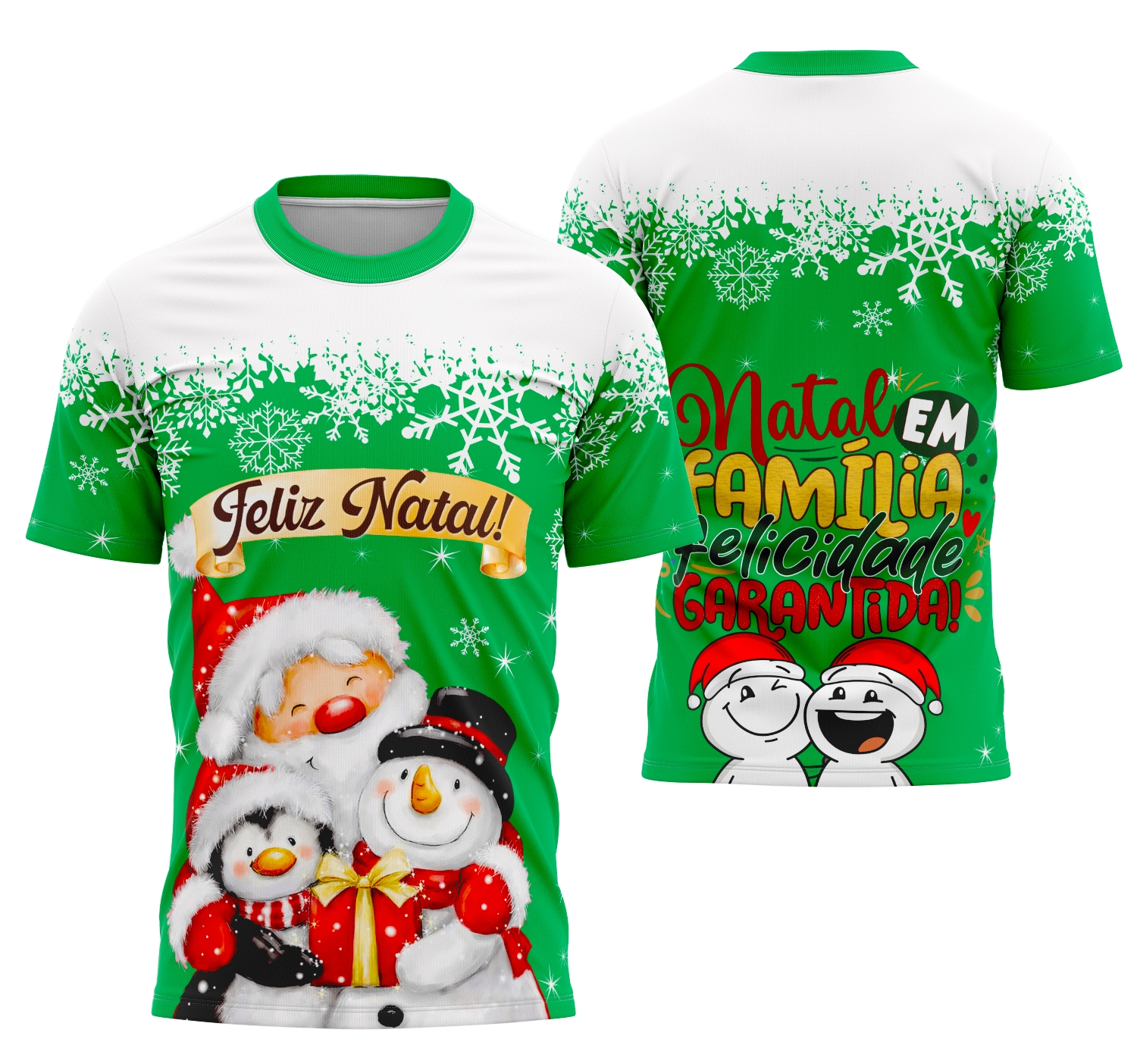 Camiseta unissex branca com logo no peito e estampa grande nas costas com tema Modelo Camisa de Natal 2025 23, ideal para celebrar o Natal com estilo e conforto