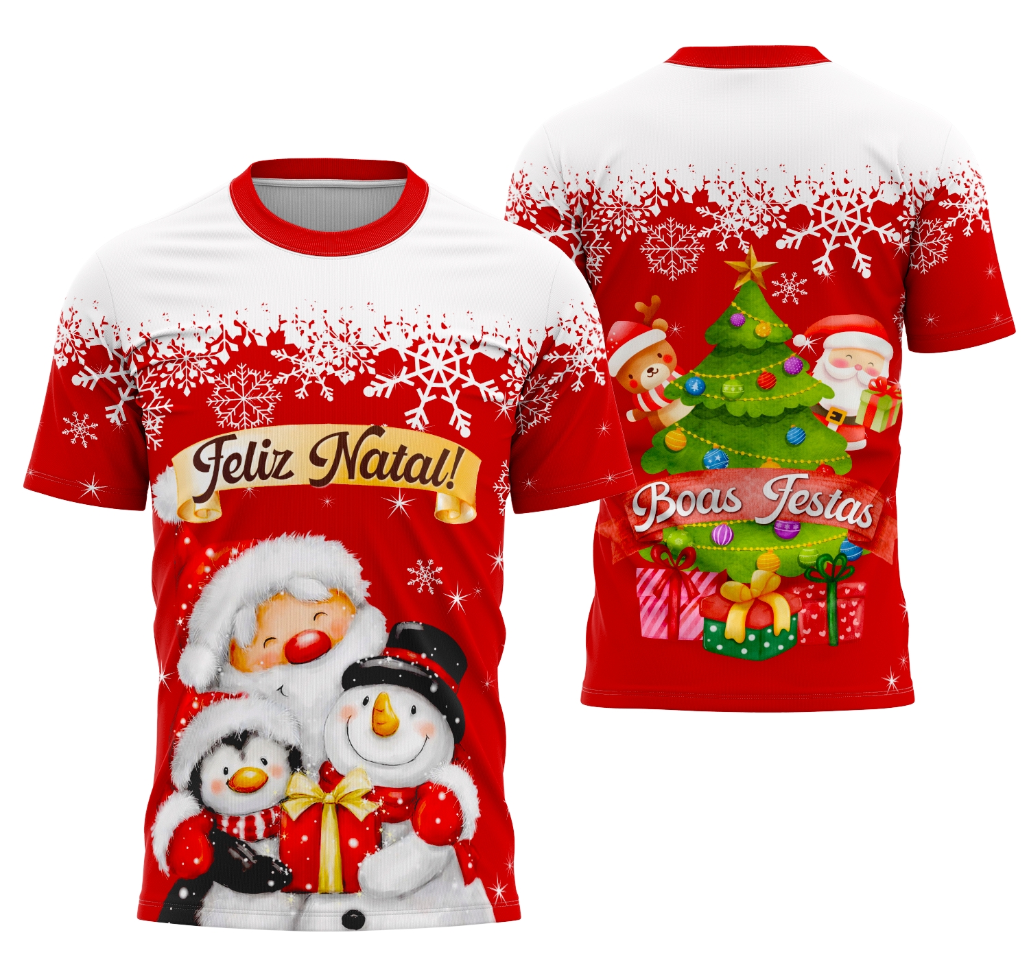 Camiseta unissex branca com logo no peito e estampa grande nas costas, tema Natal 2025, destacando alegria e espírito natalino em design moderno e festivo.