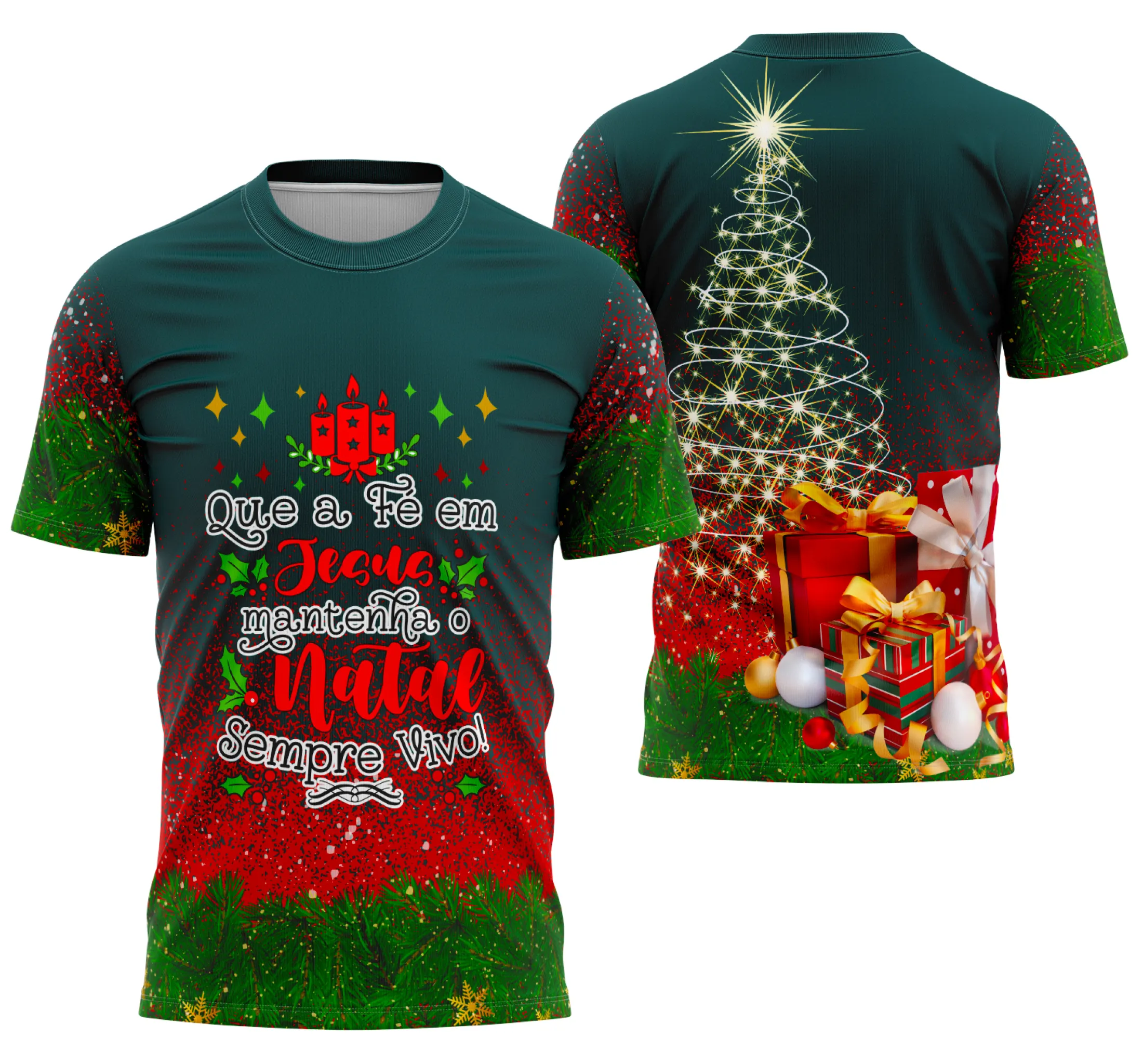 Camiseta unissex branca com logo no peito e estampa grande nas costas com tema Moldeo Camisa de Natal 2025 13, ideal para festas e encontros natalinos.