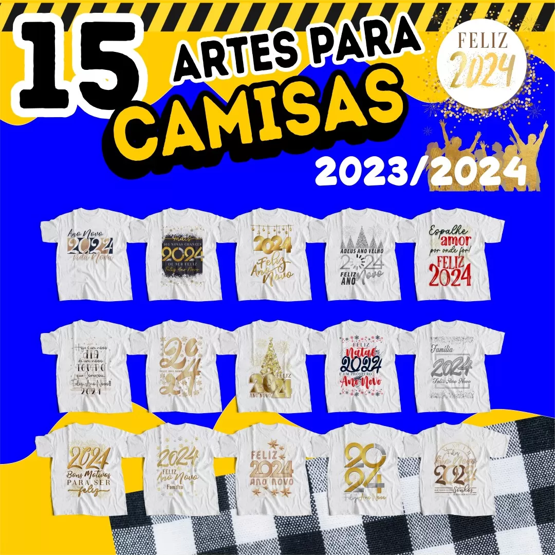Camiseta unissex branca com logo no peito e estampa grande nas costas com tema Revelação Ano Novo 2024, perfeita para comemorar o Réveillon com estilo e personalidade.