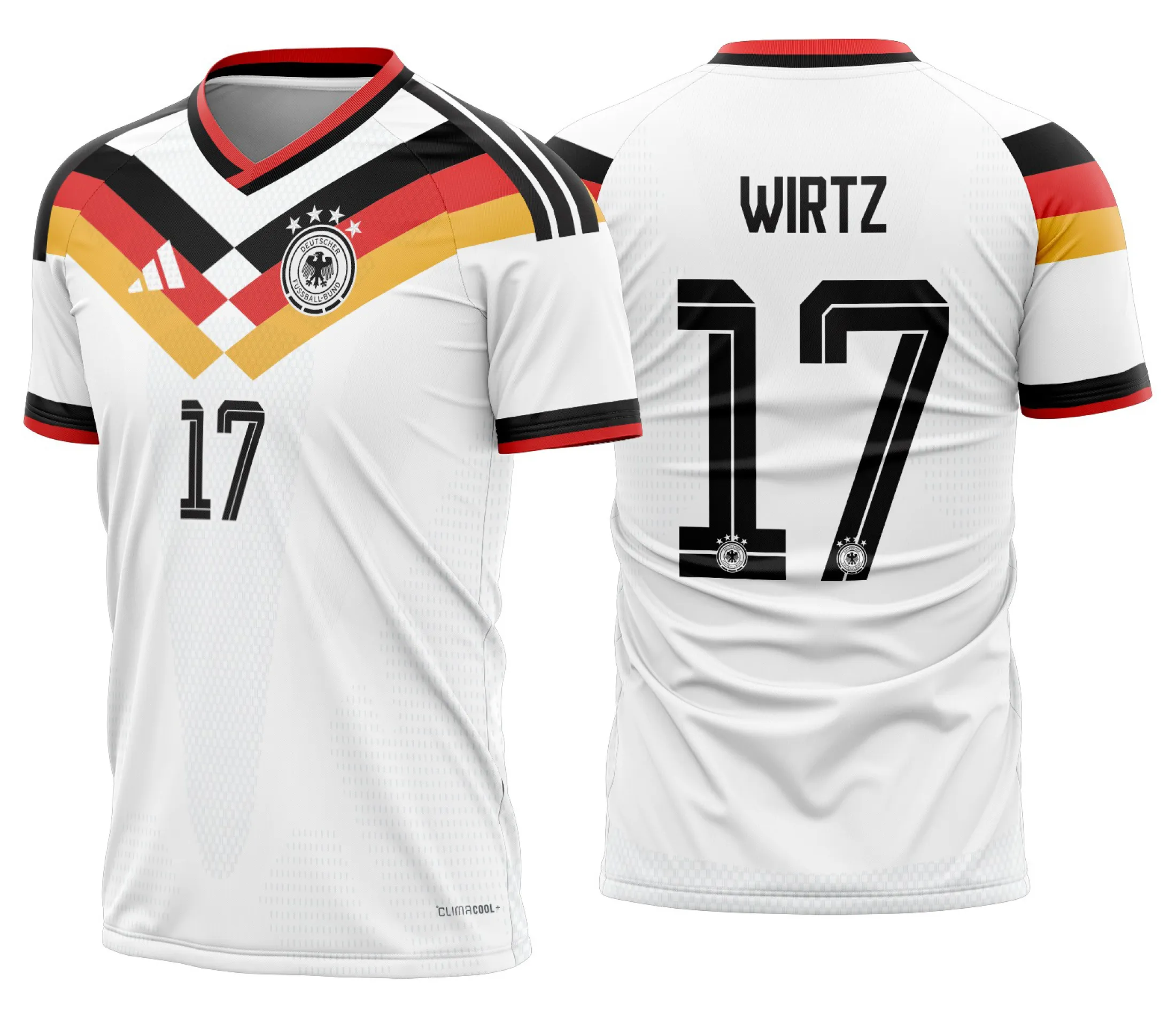 Camiseta preta unissex com logo no peito e estampa grande nas costas da Alemanha Titular Copa do Mundo 2026, perfeita para fãs que querem vestir estilo e paixão pelo futebol.