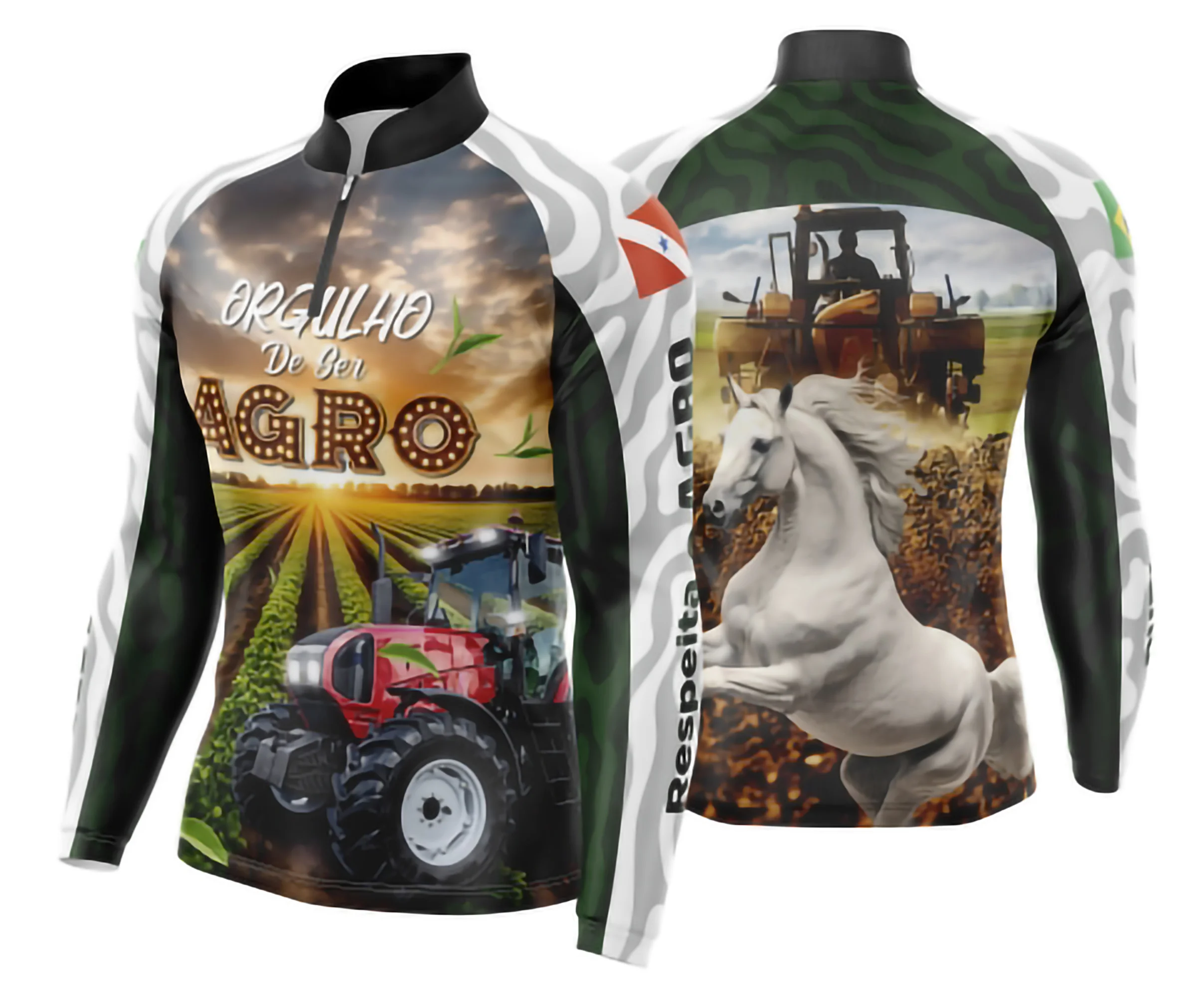 Camiseta unissex preta com logo no peito e estampa grande nas costas, temática Agro Brasil e Agro, perfeita para quem ama o campo e estilo rústico.