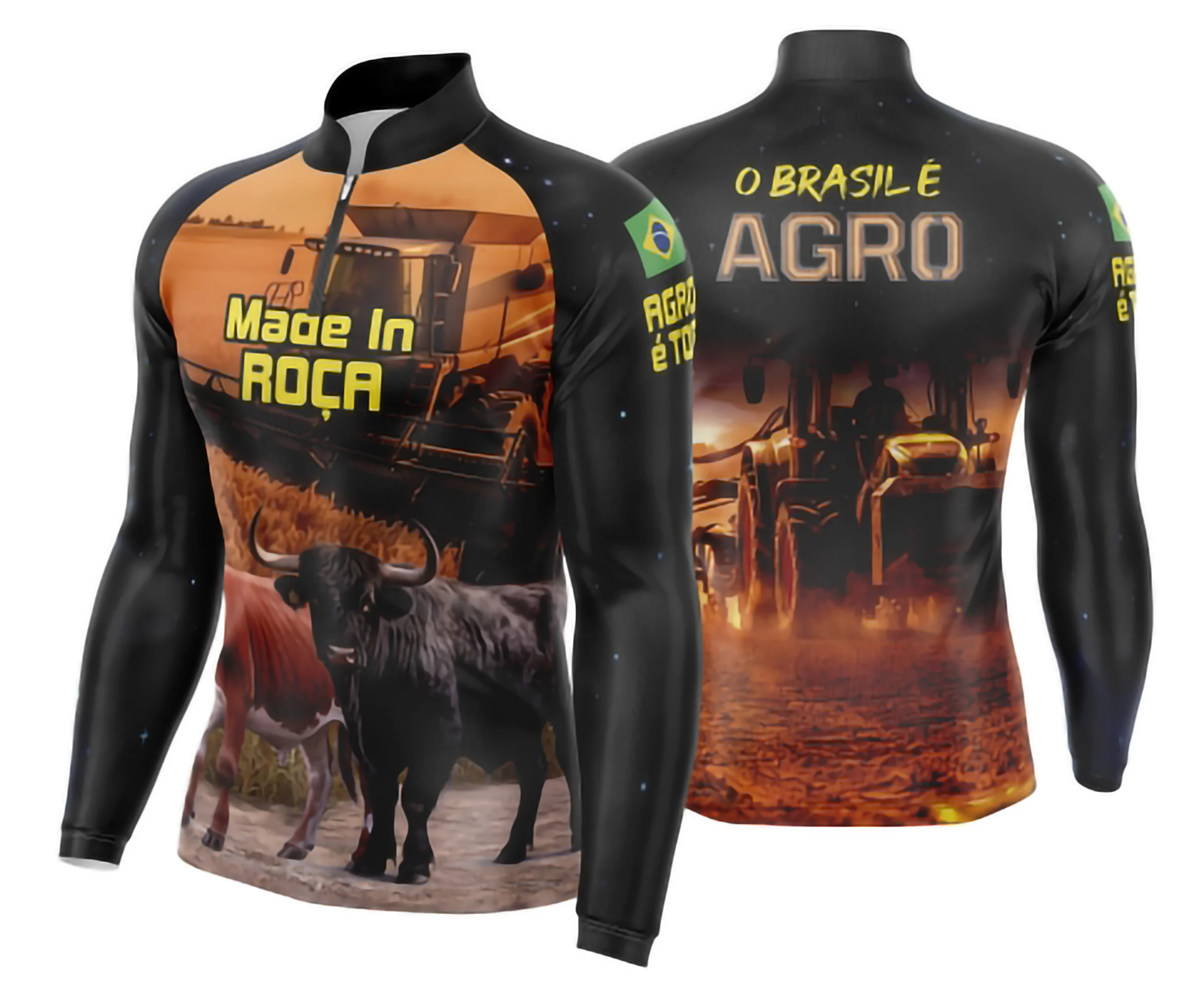 Camiseta unissex preta com logo no peito e estampa grande nas costas, inspirada no tema Agro Brasil e Agro, ideal para quem valoriza a vida no campo e estilo rural.