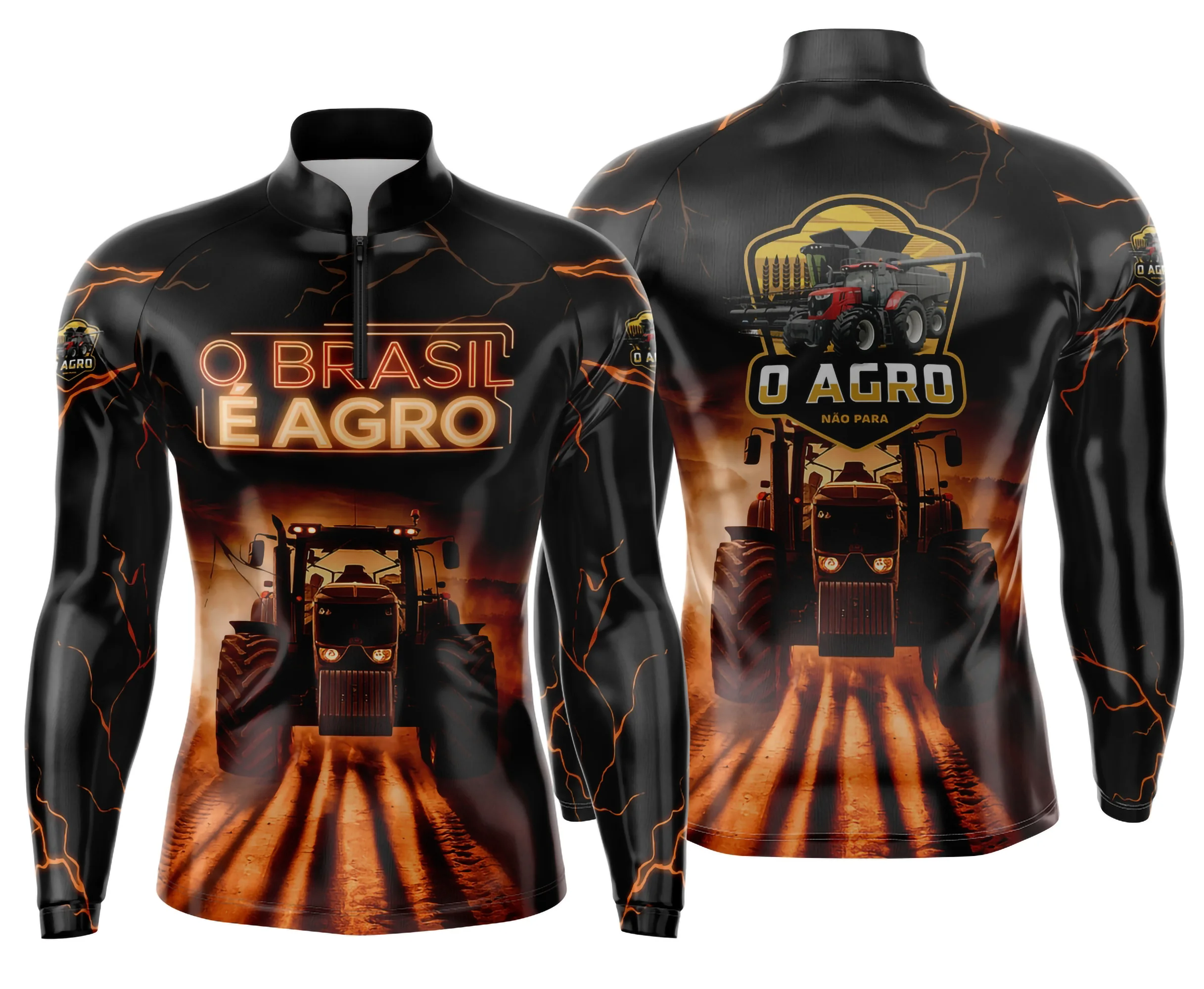 Camiseta unissex preta com logo no peito e estampa grande nas costas com tema Agro Mod 0001, estilo moderno e visual impactante, perfeita para quem curte o campo.