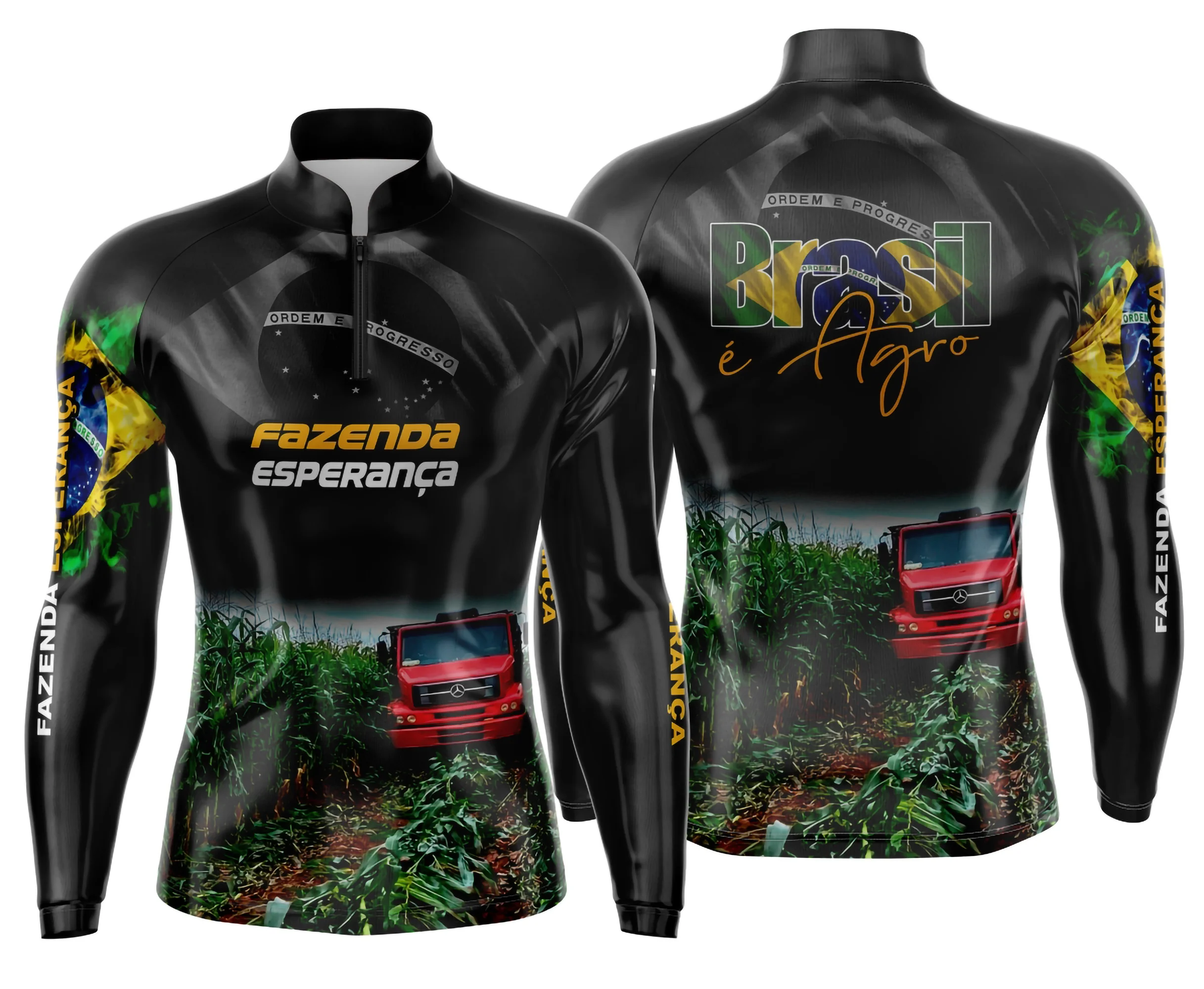 Camiseta unissex preta com logo no peito e estampa grande nas costas tema Agro Mod 0004, mostrando estilo rústico e moderno para quem ama o universo rural e agro.