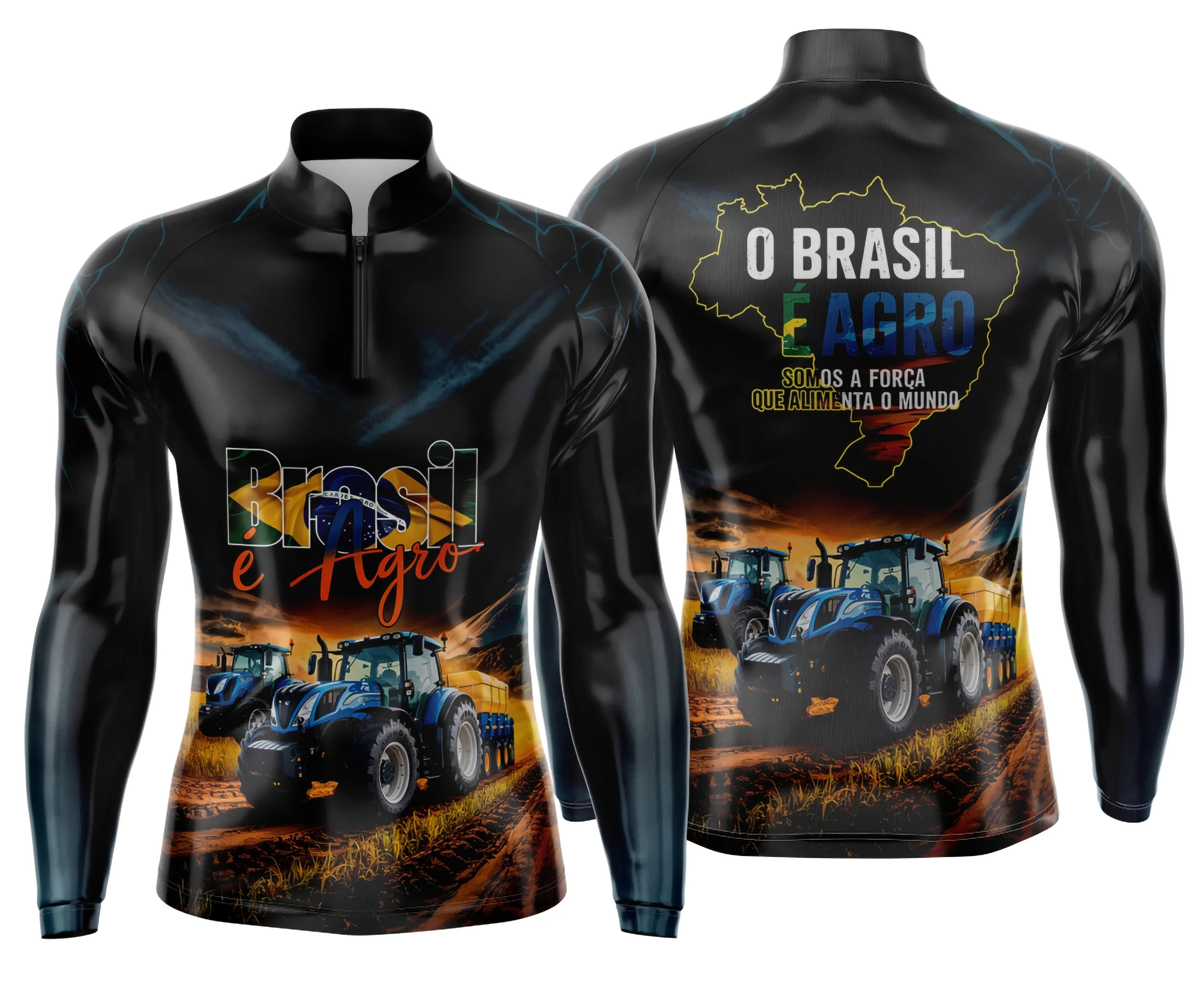 Camiseta unissex preta com logo no peito e estampa grande nas costas com tema agro rústico, destacando elementos do campo e vida rural.