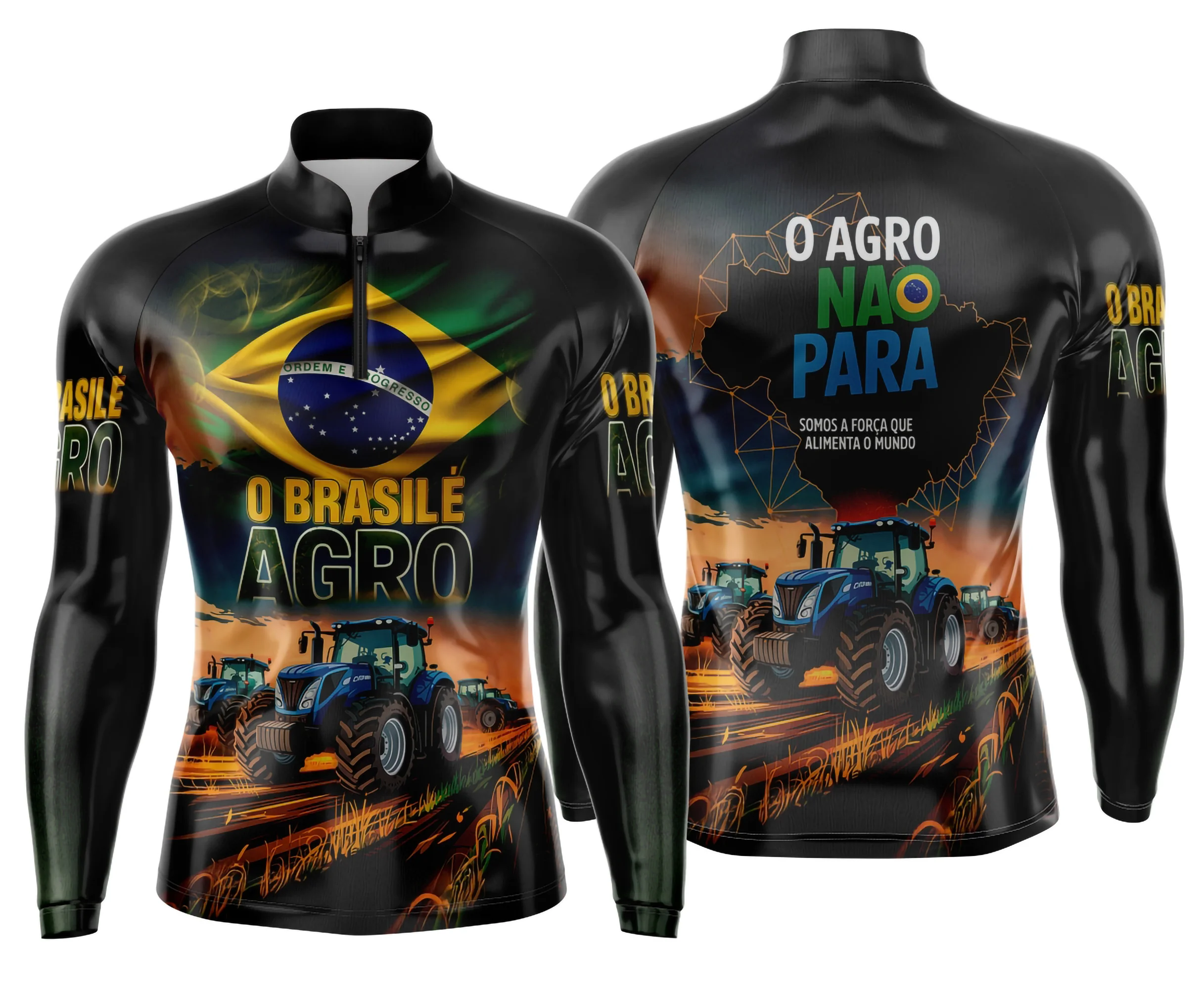 Camiseta unissex preta com logo no peito e estampa grande nas costas com tema Agro Mod 0007, ideal para quem gosta de estilo rural e moderno