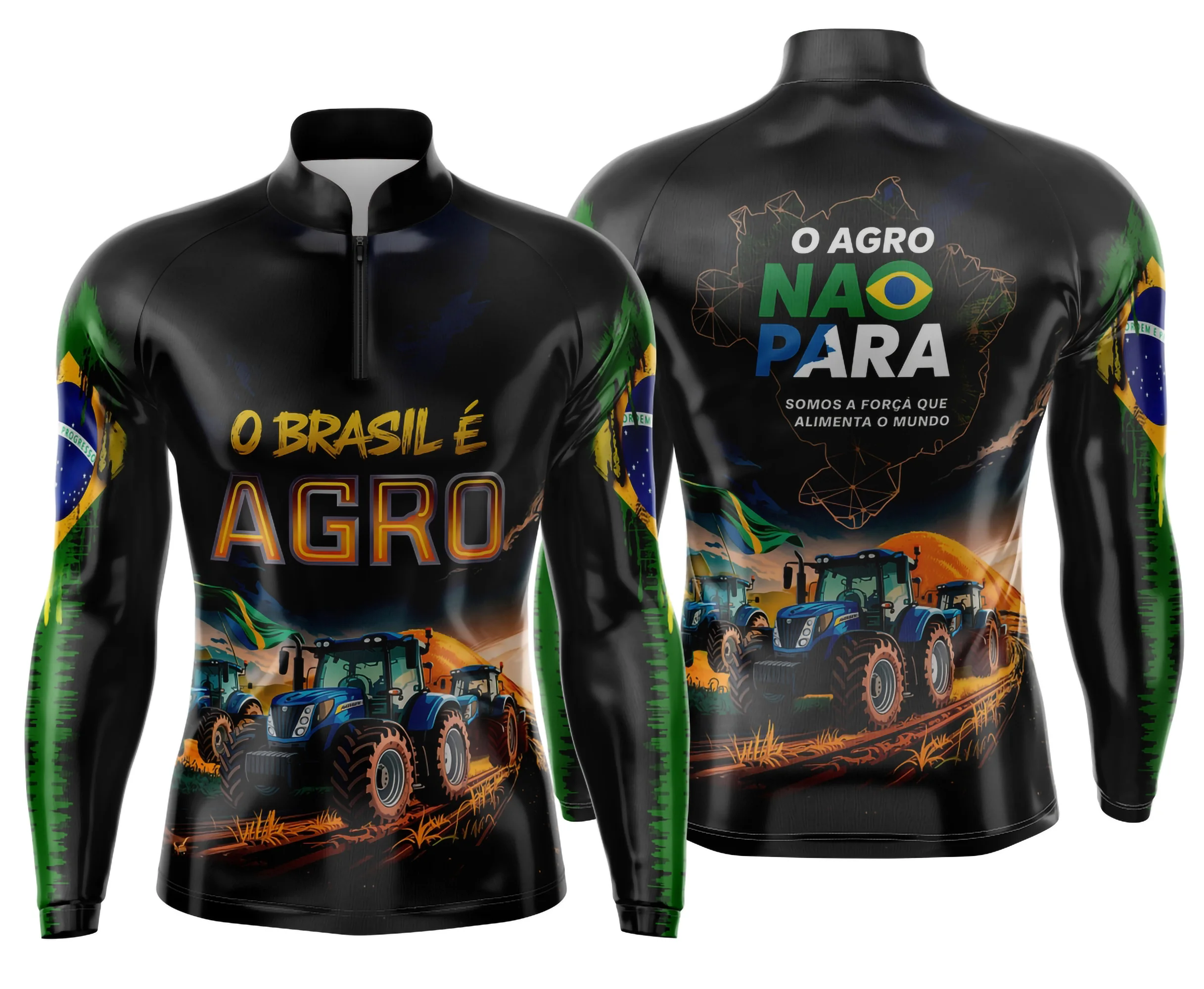 Camiseta unissex preta com logo no peito e estampa grande nas costas, com tema Agro Mod 0008, design moderno e estilo rural.