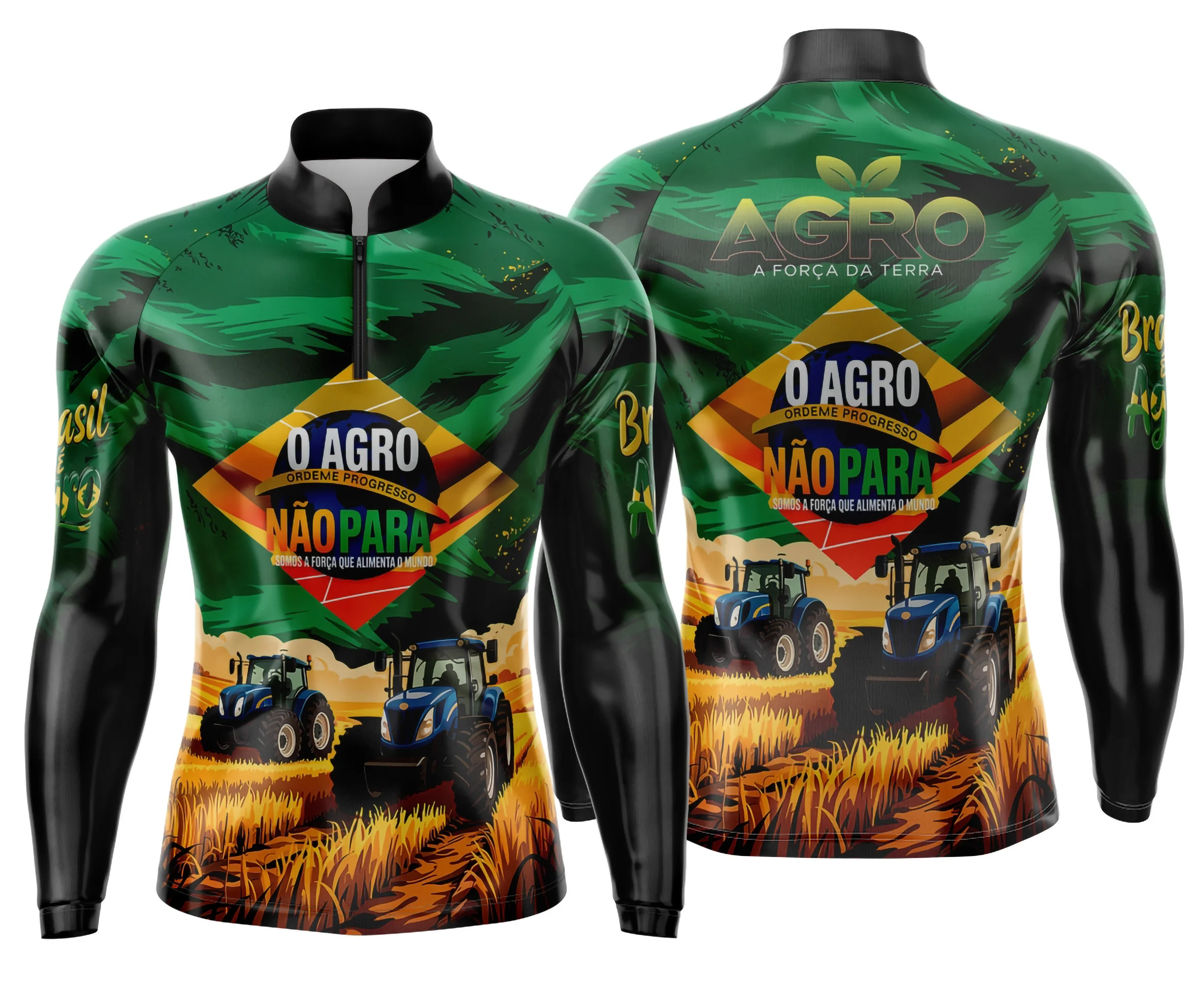 Camisa unissex preta com logo no peito e estampa grande nas costas, inspirada no tema Agro Mod 0011, perfeita para quem gosta de estilo rural moderno.