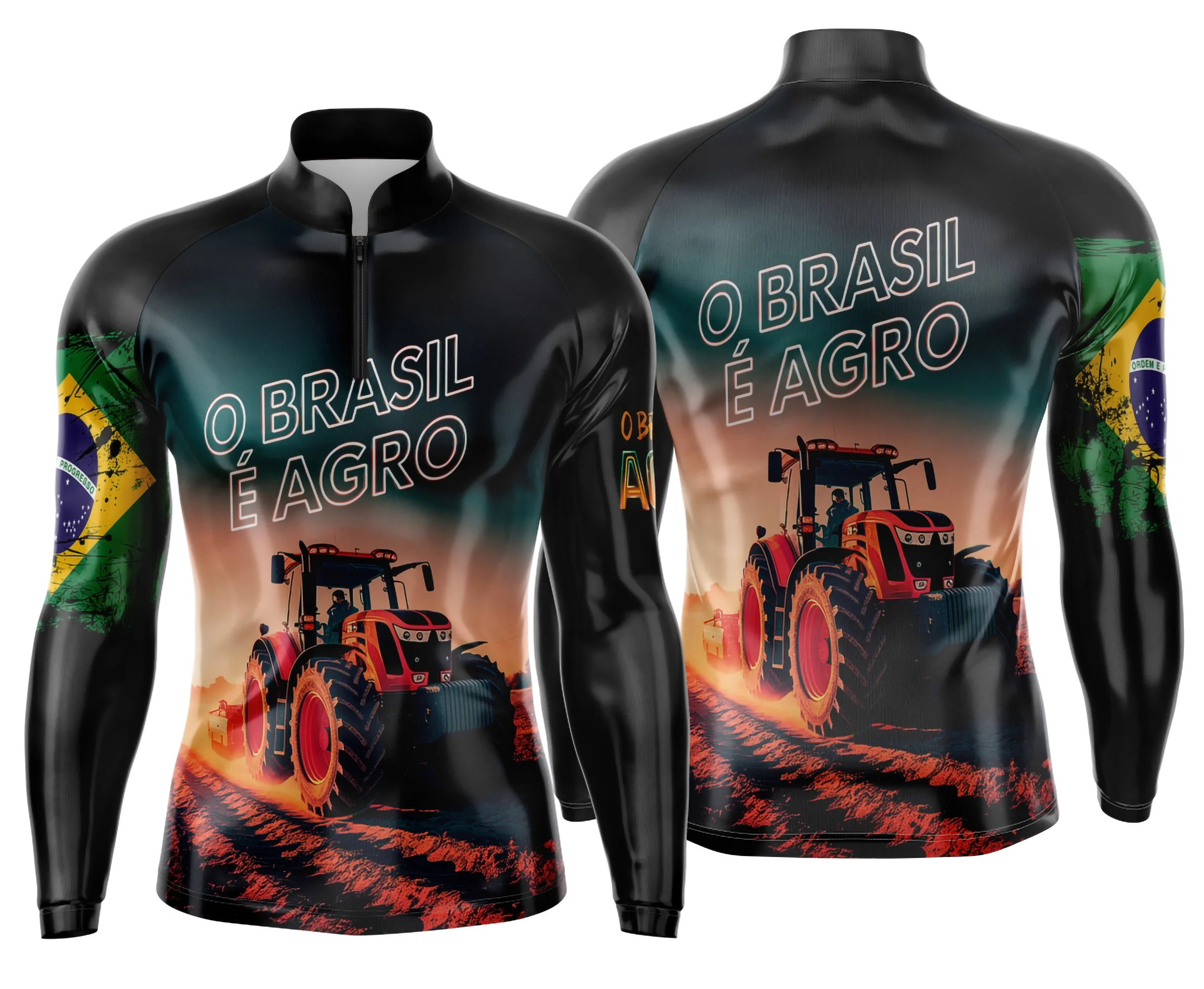 Camiseta unissex preta com logo no peito e estampa grande nas costas, exibindo tema de Agro Mod 0013 com estilo rural moderno e marcante.
